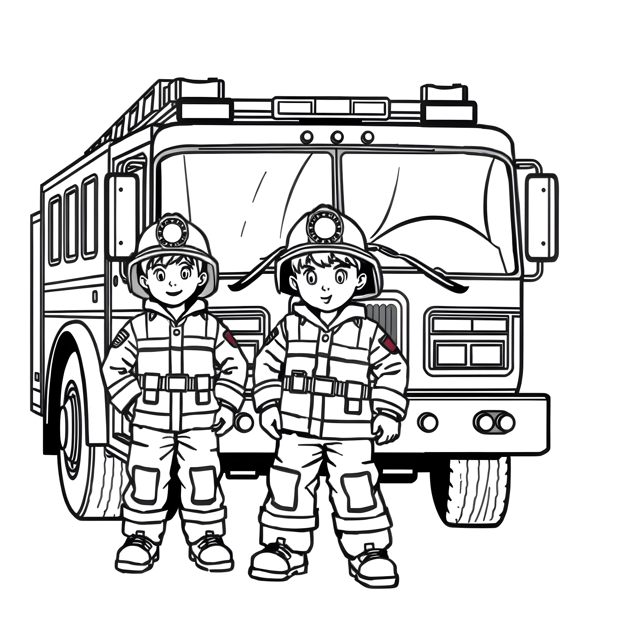 Firefighters in front of fire truck Coloring Page (free black-and-white line drawing printable PDF for all, from beginners to advanced learners, including children, teens, adults, and seniors)