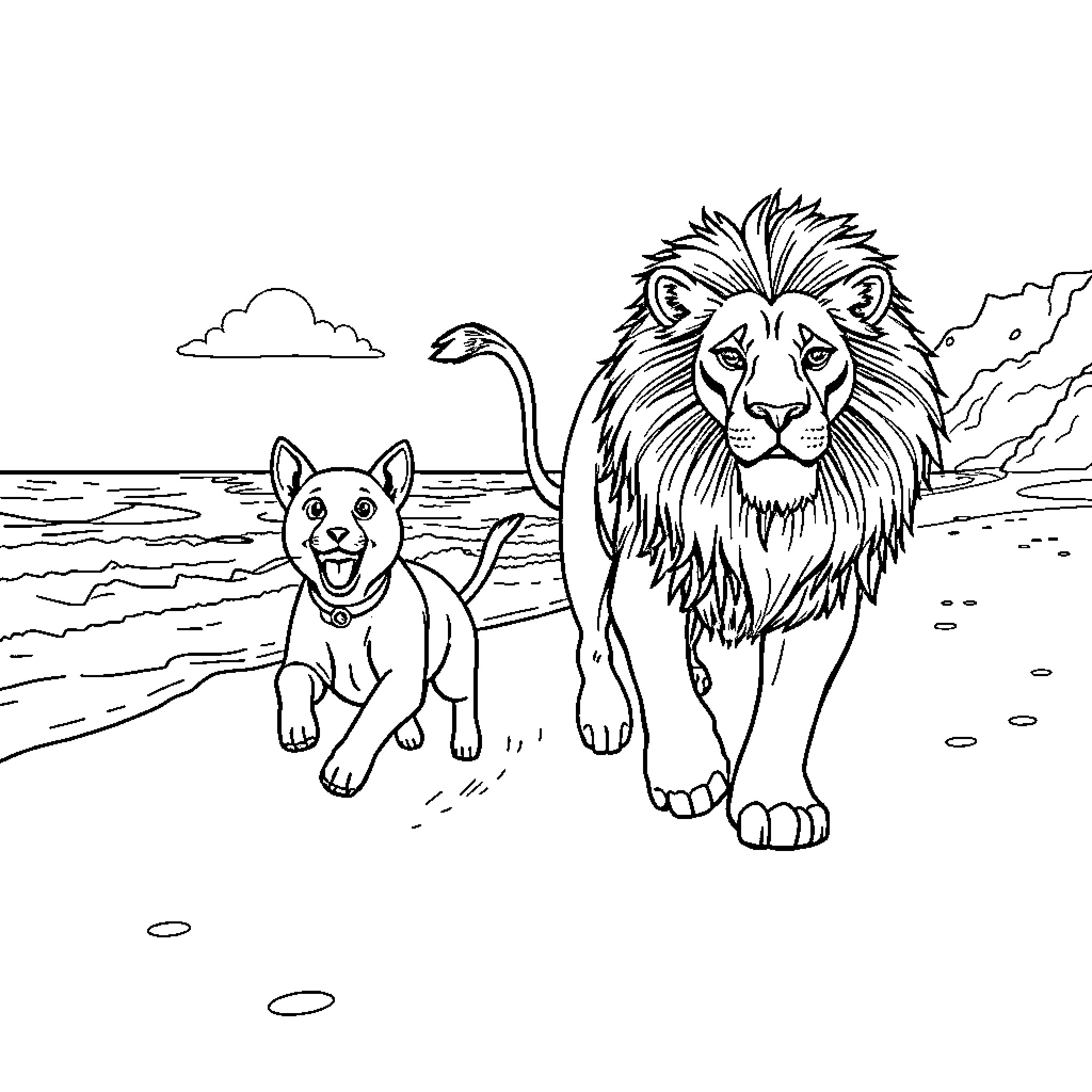 Dog and lion exploring the beach together Coloring Page (free black-and-white line drawing printable PDF for all, from beginners to advanced learners, including children, teens, adults, and seniors)