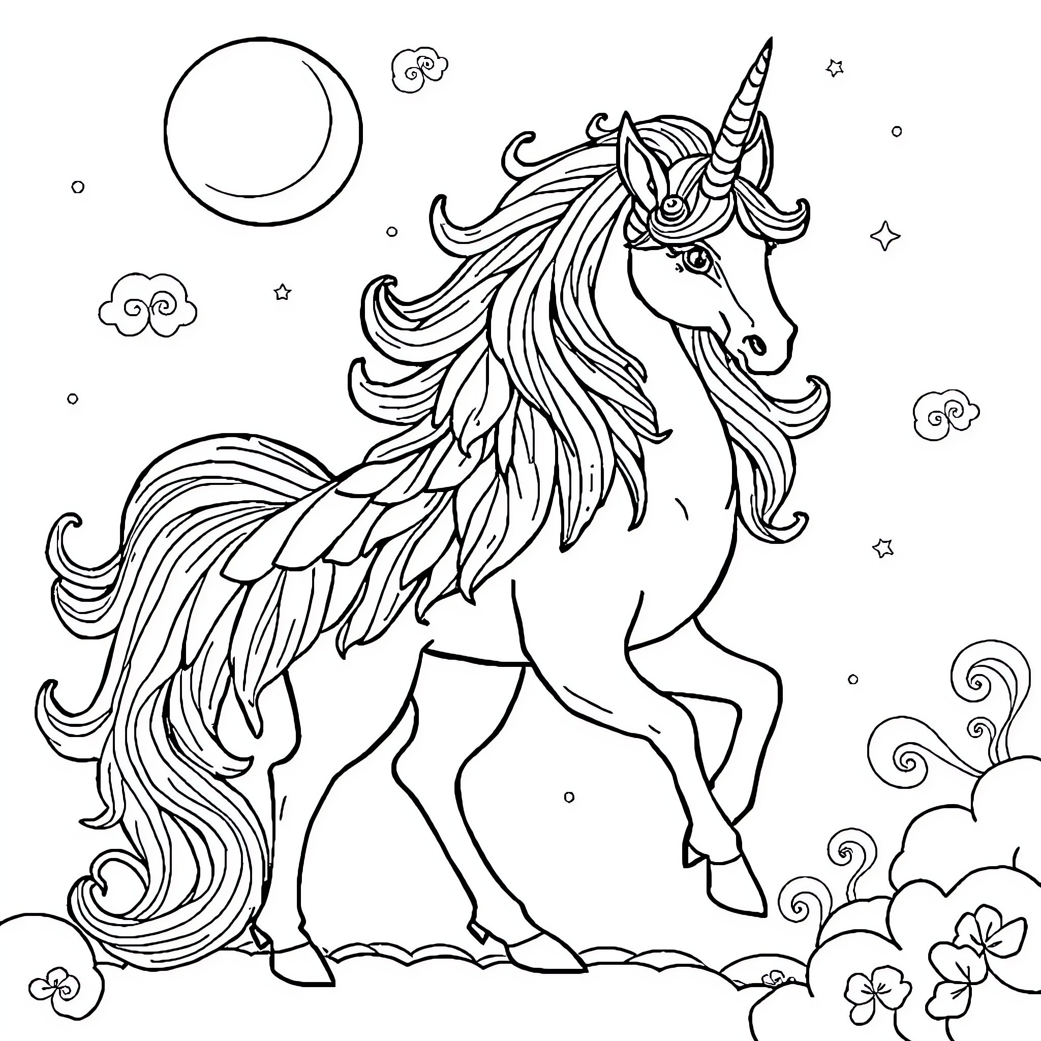 Unicorn dancing gracefully in the night sky Coloring Page (free black-and-white line drawing printable PDF for all, from beginners to advanced learners, including children, teens, adults, and seniors)