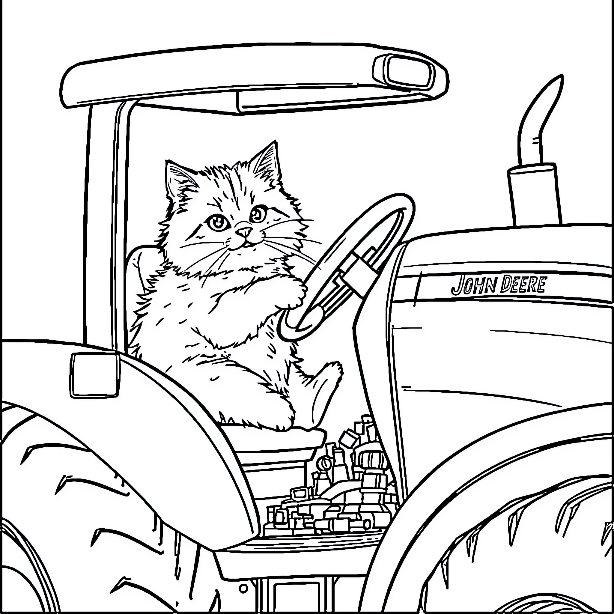 Cat operating a tractor in the countryside Coloring Page (free black-and-white line drawing printable PDF for all, from beginners to advanced learners, including children, teens, adults, and seniors)