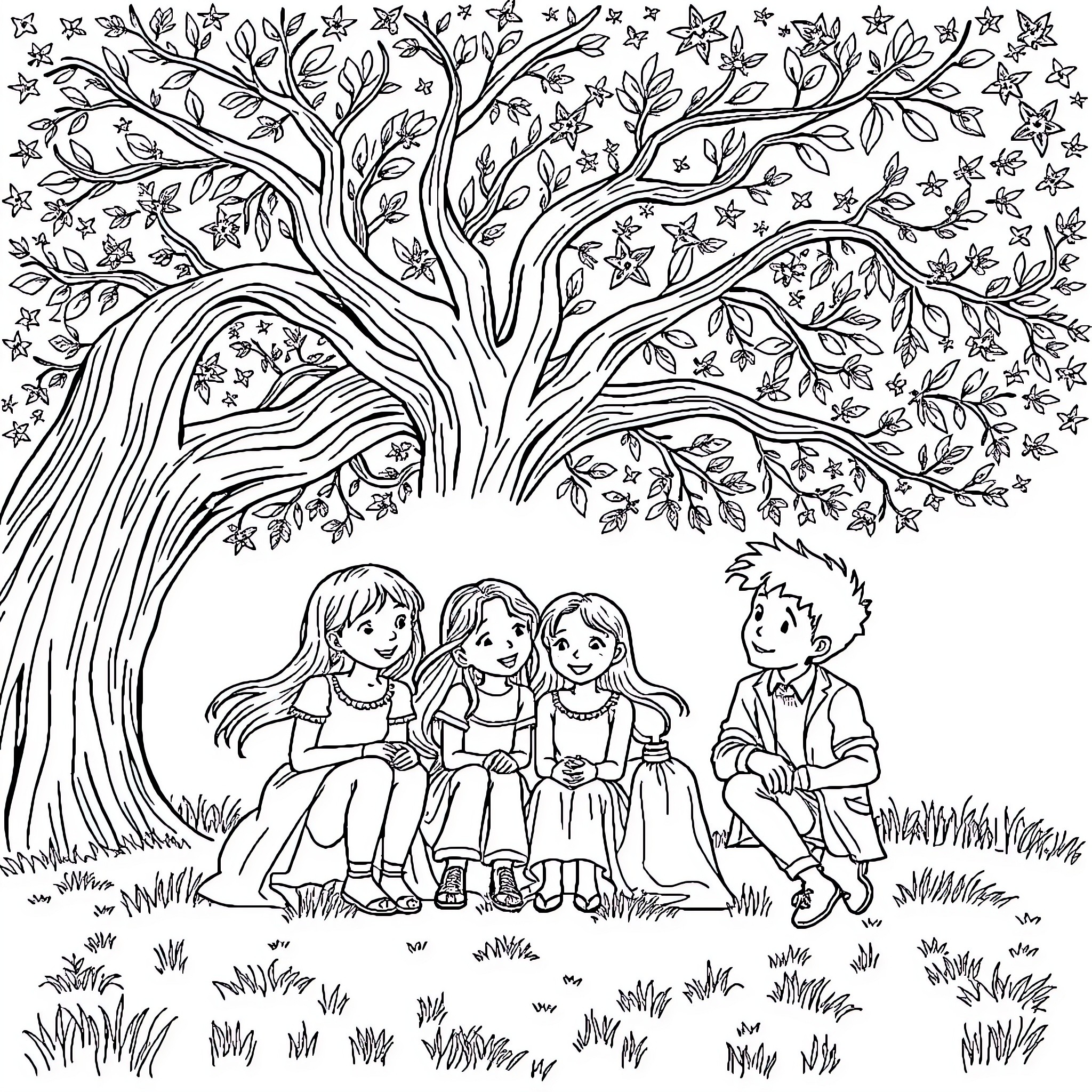 Friends enjoying a sunny day under the tree Coloring Page (free black-and-white line drawing printable PDF for all, from beginners to advanced learners, including children, teens, adults, and seniors)