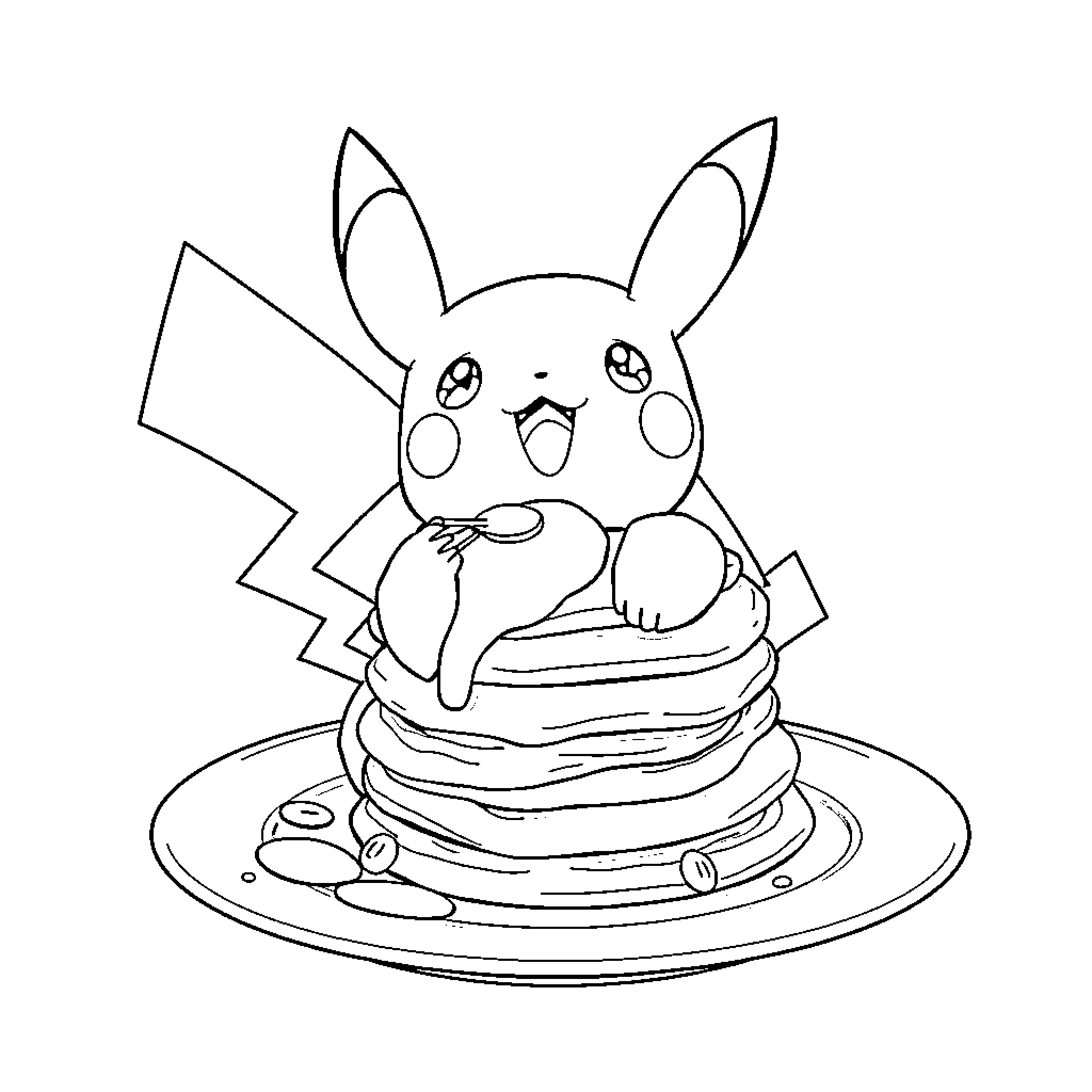 Raichu enjoying a stack of pancakes Coloring Page (free black-and-white line drawing printable PDF for all, from beginners to advanced learners, including children, teens, adults, and seniors)