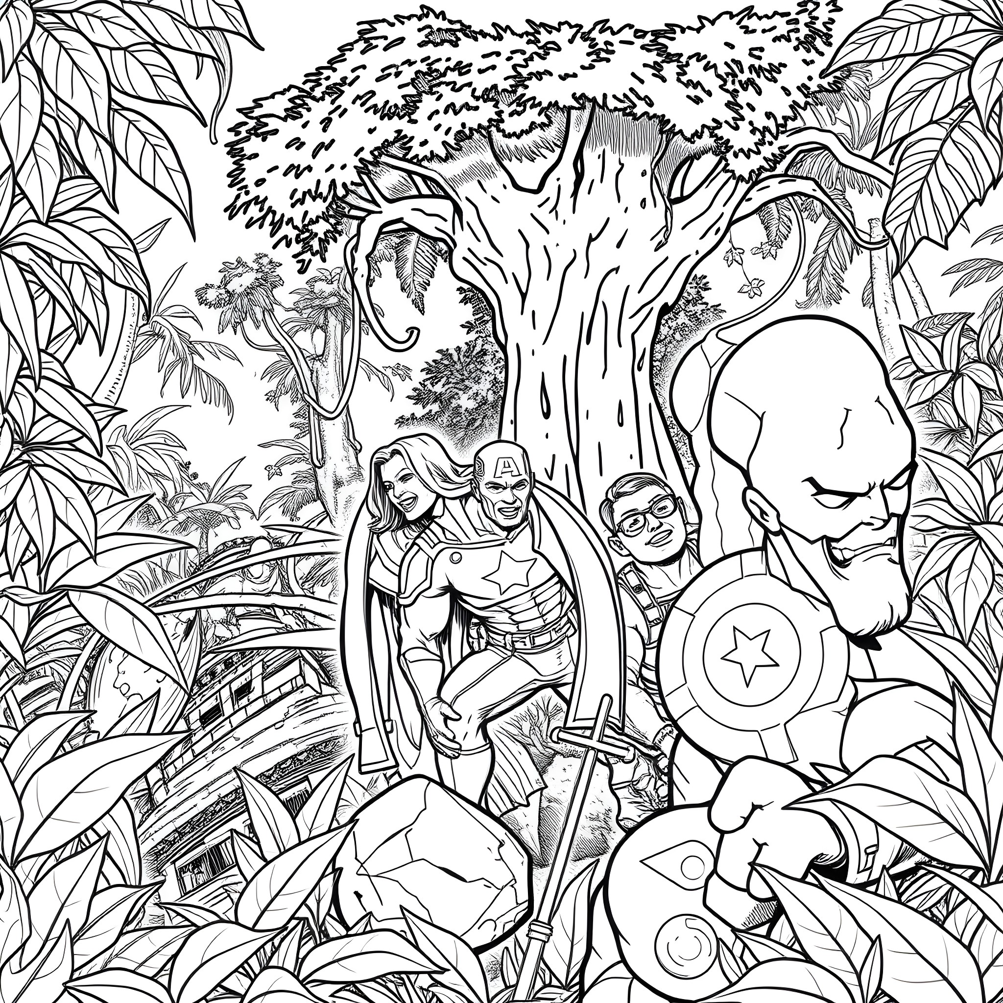 Avengers traversing the lush jungle landscape Coloring Page (free black-and-white line drawing printable PDF for all, from beginners to advanced learners, including children, teens, adults, and seniors)