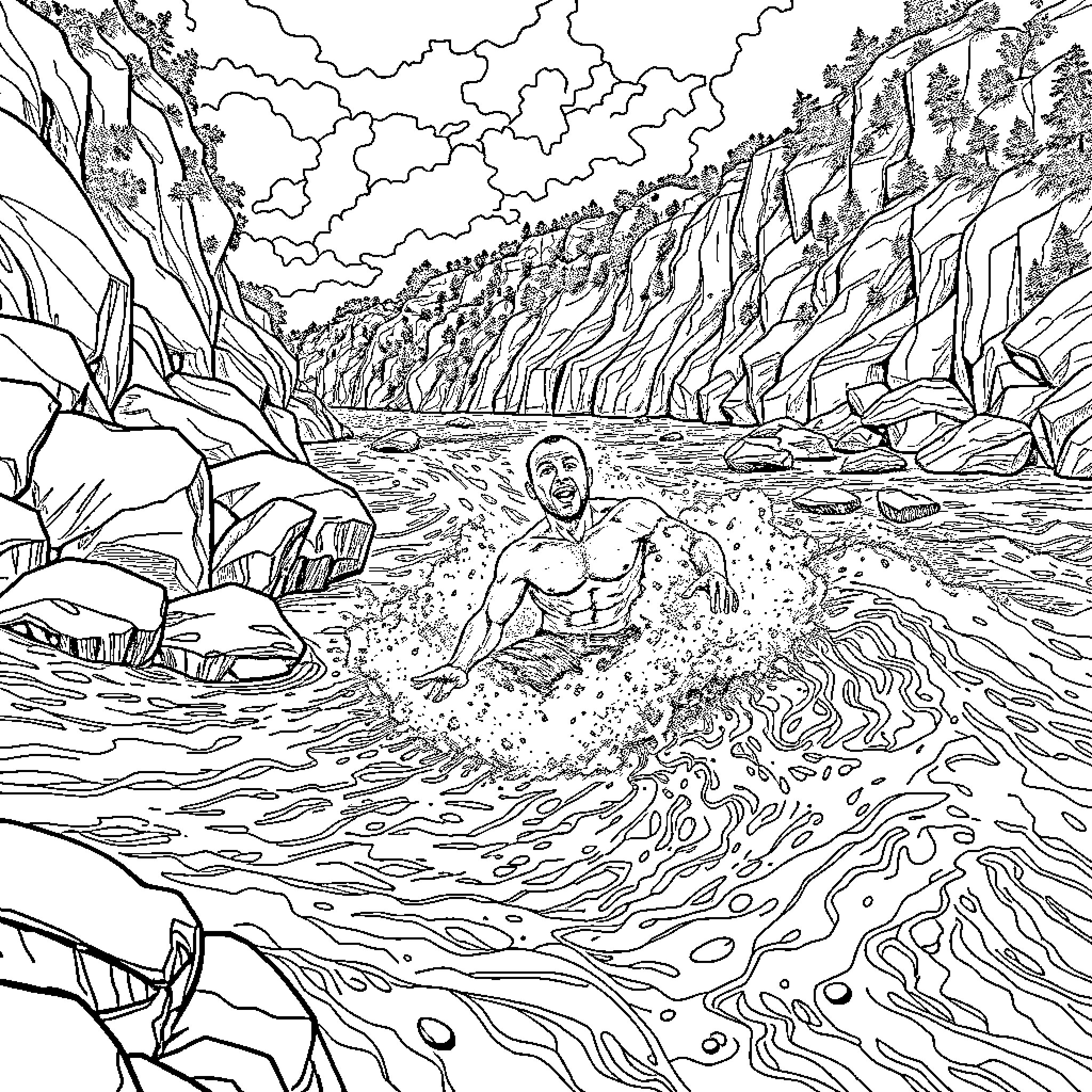 Homme swimming in the turbulent river amid towering cliffs Coloring Page (free black-and-white line drawing printable PDF for all, from beginners to advanced learners, including children, teens, adults, and seniors)