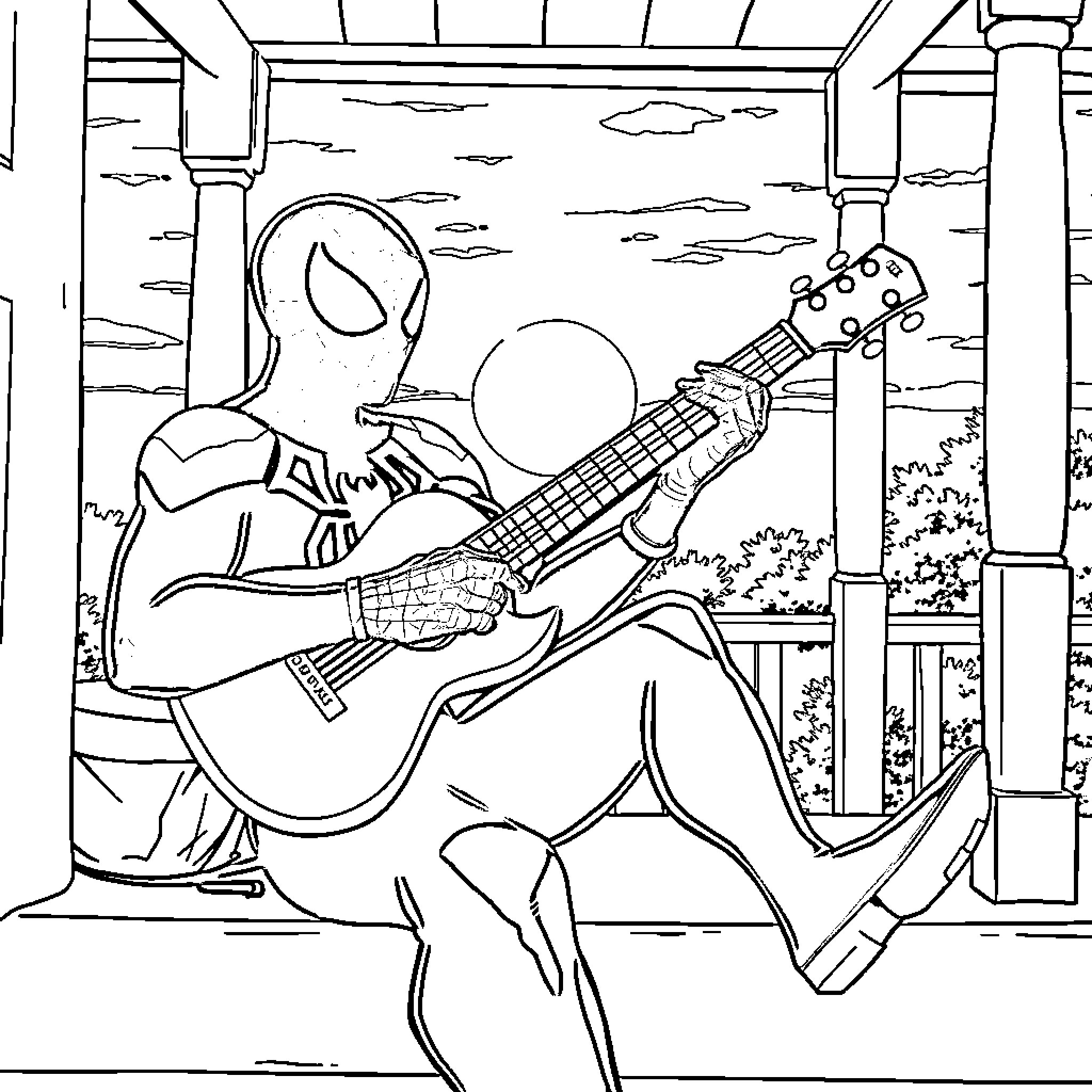 Spiderman playing the guitar on a rooftop Coloring Page (free black-and-white line drawing printable PDF for all, from beginners to advanced learners, including children, teens, adults, and seniors)