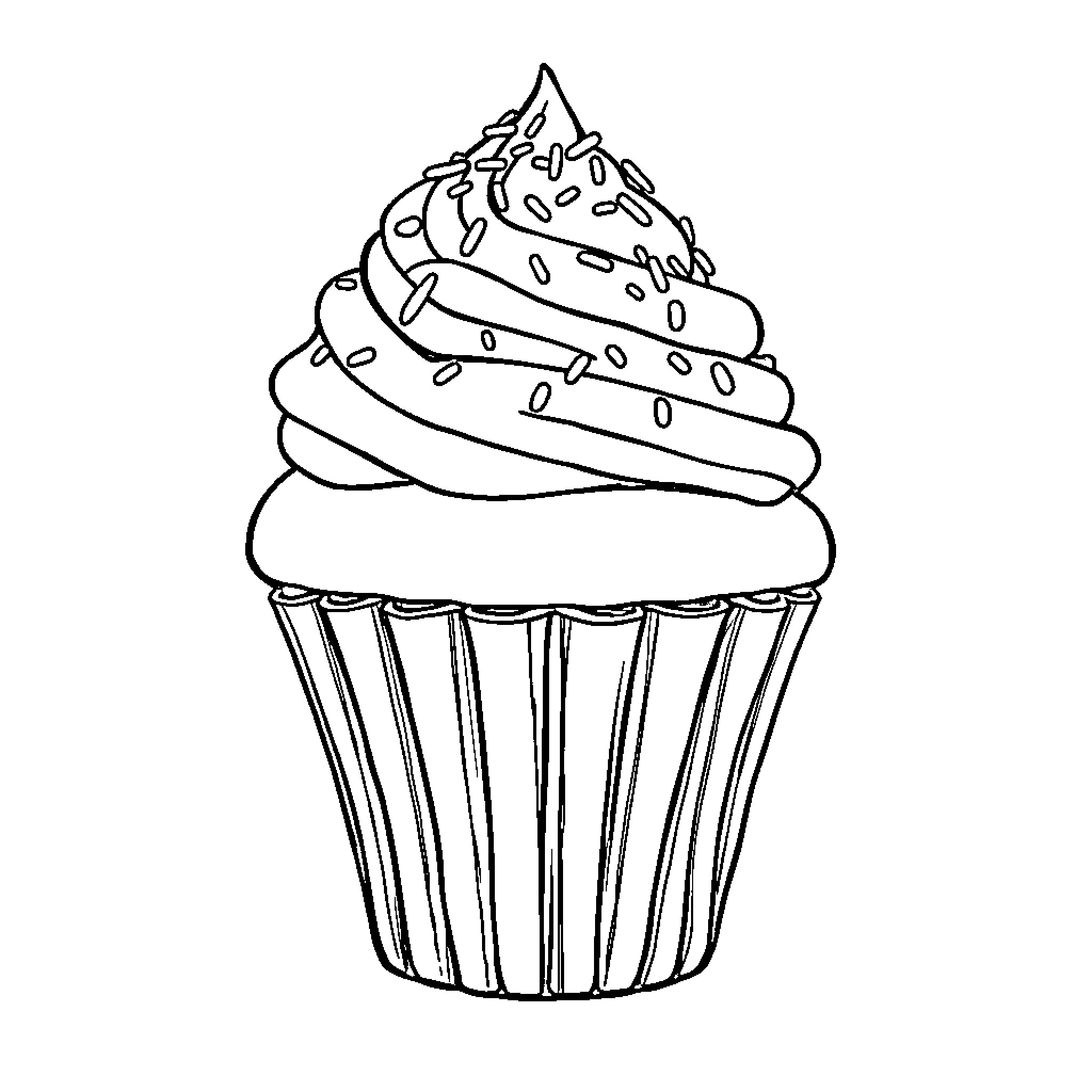 Cupcake with Decorative Frosting Coloring Page (free black-and-white line drawing printable PDF for all, from beginners to advanced learners, including children, teens, adults, and seniors)