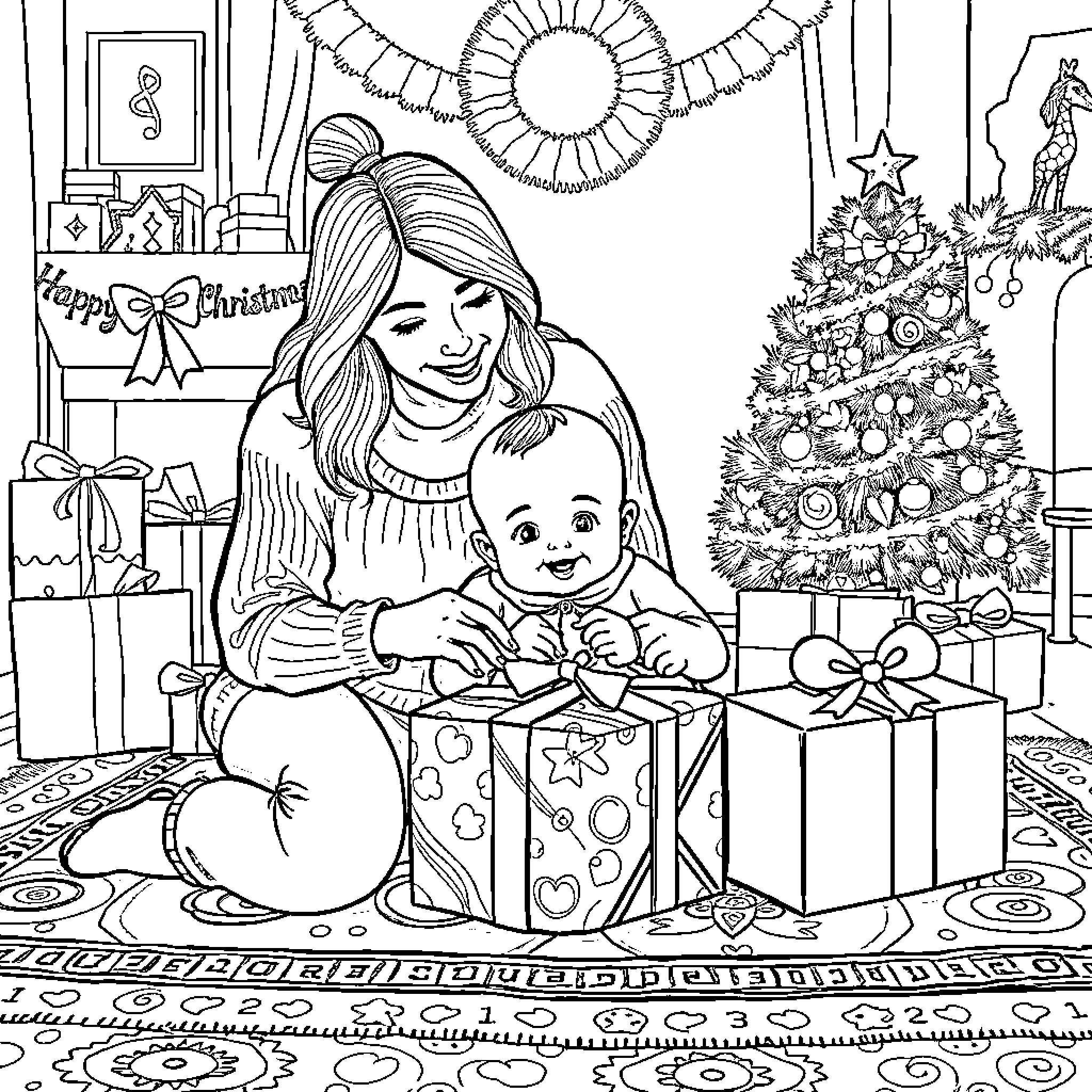 Woman and child celebrating Christmas Coloring Page (free black-and-white line drawing printable PDF for all, from beginners to advanced learners, including children, teens, adults, and seniors)