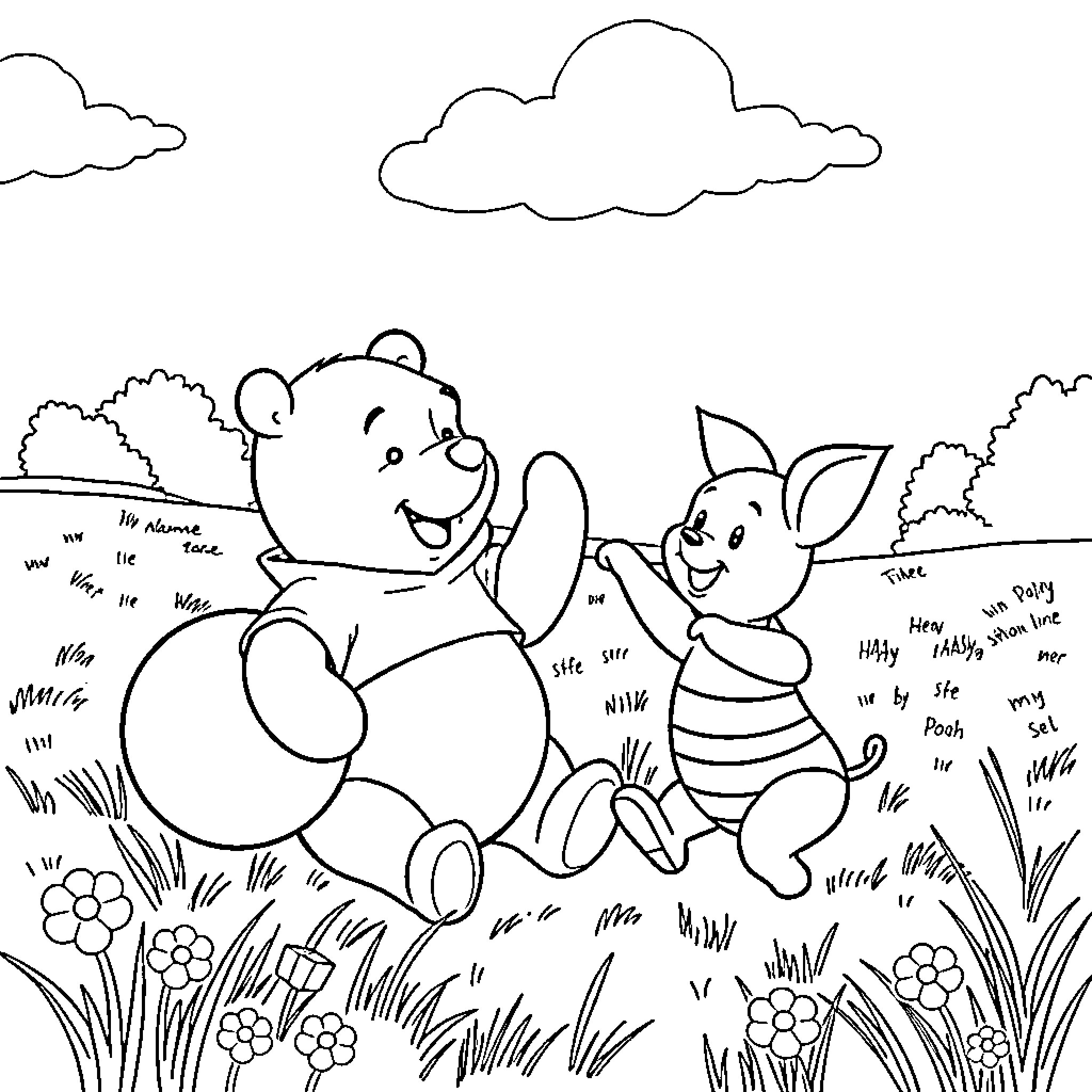 Winnie The Pooh and Piglet playing in the meadow Coloring Page (free black-and-white line drawing printable PDF for all, from beginners to advanced learners, including children, teens, adults, and seniors)
