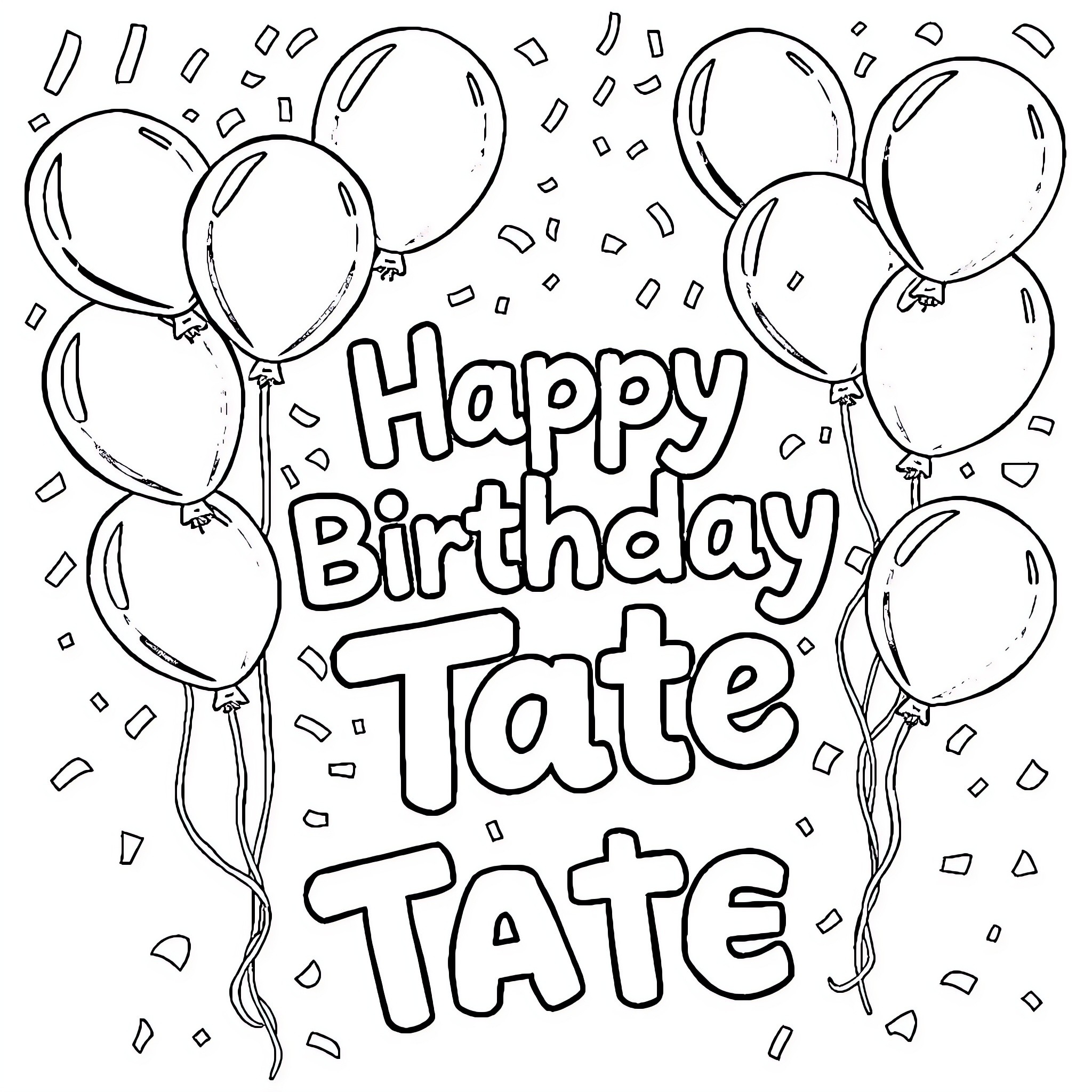 Birthday Card with Balloons and Confetti Coloring Page (free black-and-white line drawing printable PDF for all, from beginners to advanced learners, including children, teens, adults, and seniors)