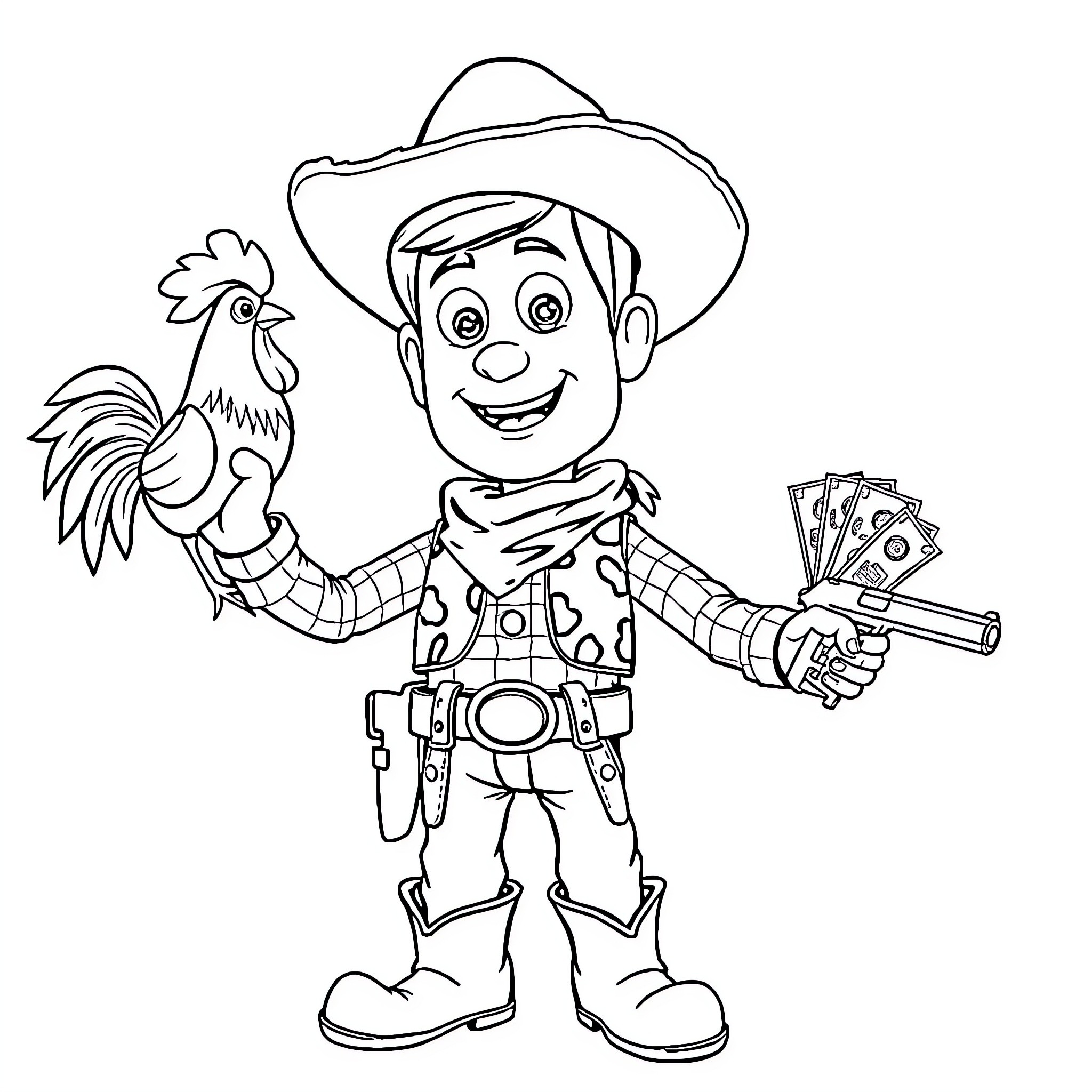 Woody's Western Adventure with Rooster Friend Coloring Page (free black-and-white line drawing printable PDF for all, from beginners to advanced learners, including children, teens, adults, and seniors)