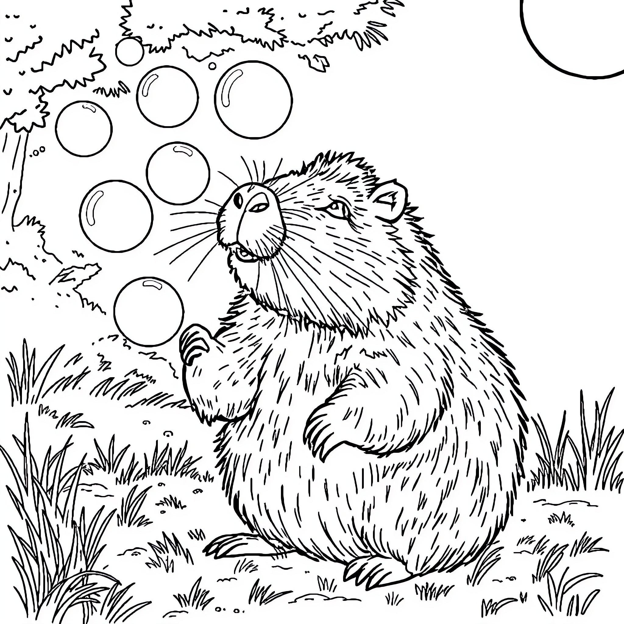 Capybara playing with bubbles in the wilderness Coloring Page (free black-and-white line drawing printable PDF for all, from beginners to advanced learners, including children, teens, adults, and seniors)