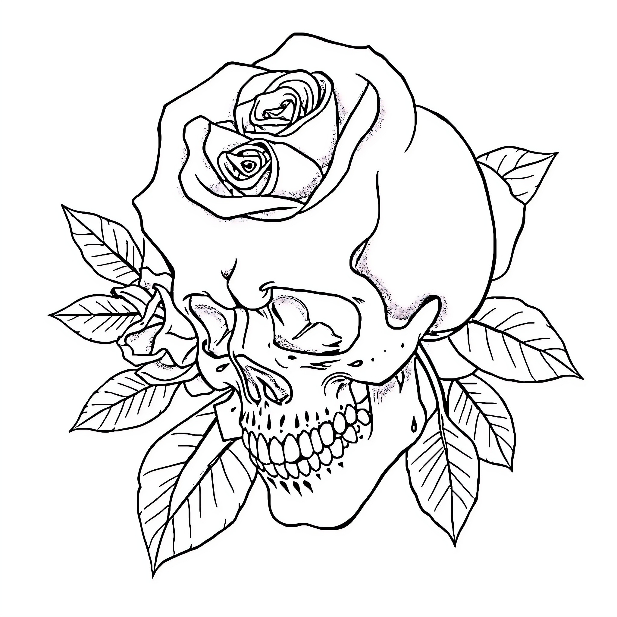 Skull with roses and leaves Coloring Page (free black-and-white line drawing printable PDF for all, from beginners to advanced learners, including children, teens, adults, and seniors)