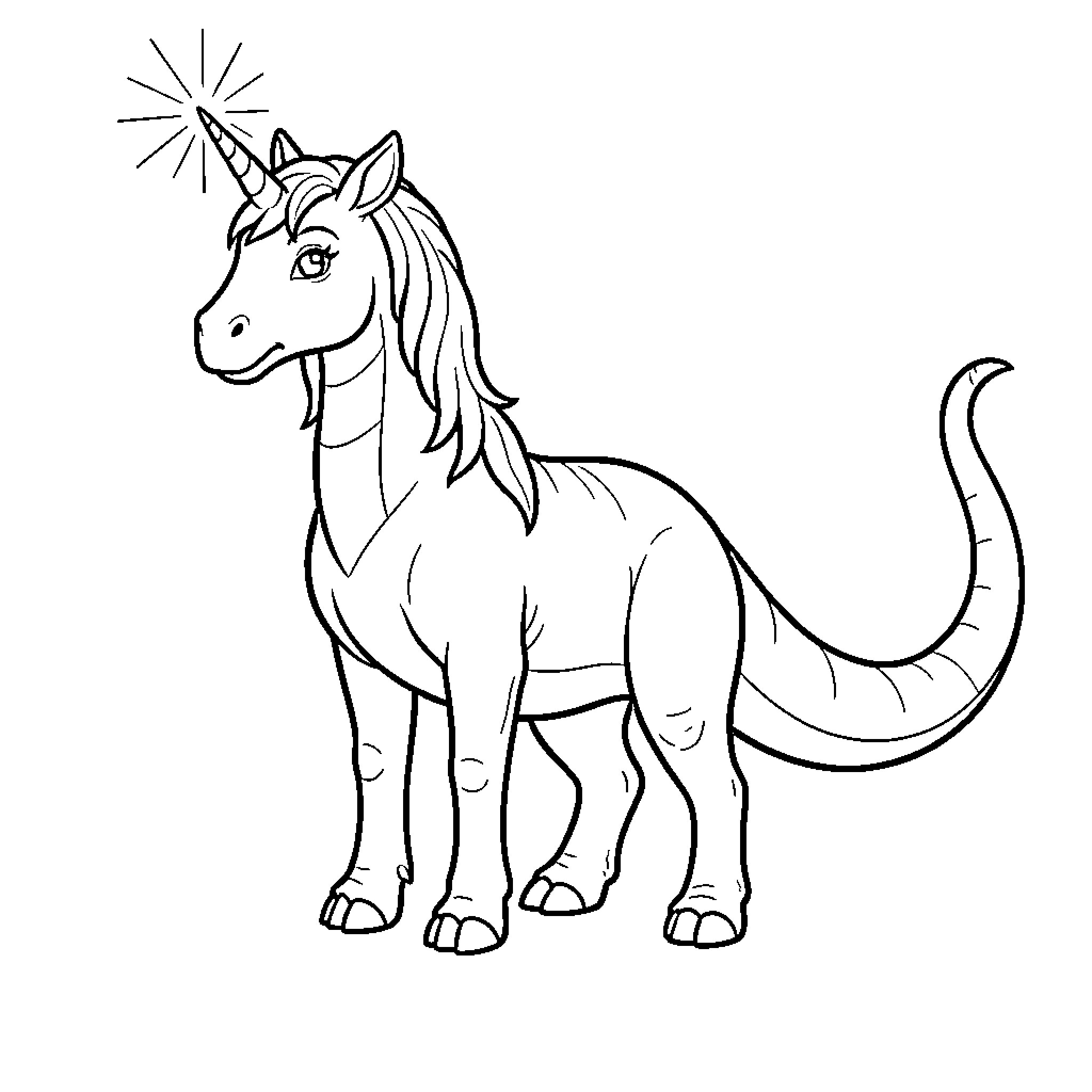 Unicorn Dinosaur standing calmly with a sparkling horn Coloring Page (free black-and-white line drawing printable PDF for all, from beginners to advanced learners, including children, teens, adults, and seniors)