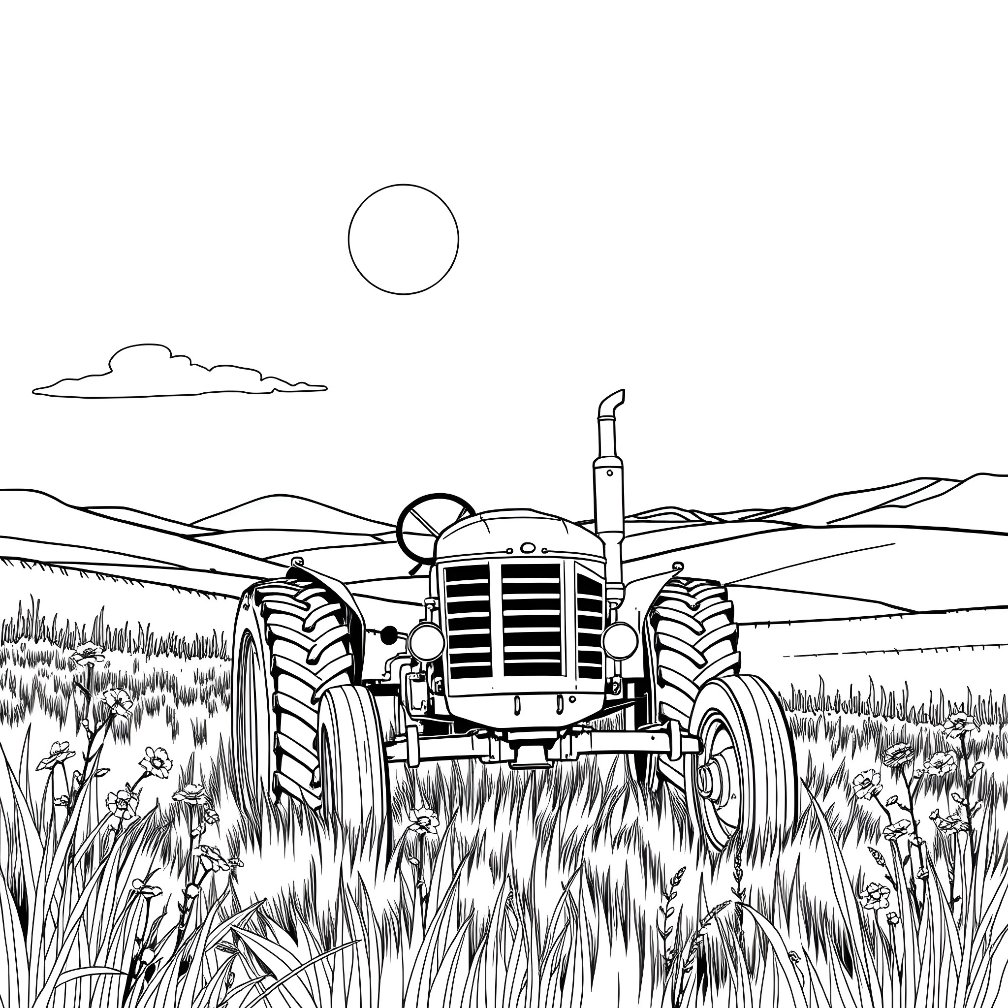 Tractor working in the rural countryside landscape Coloring Page (free black-and-white line drawing printable PDF for all, from beginners to advanced learners, including children, teens, adults, and seniors)
