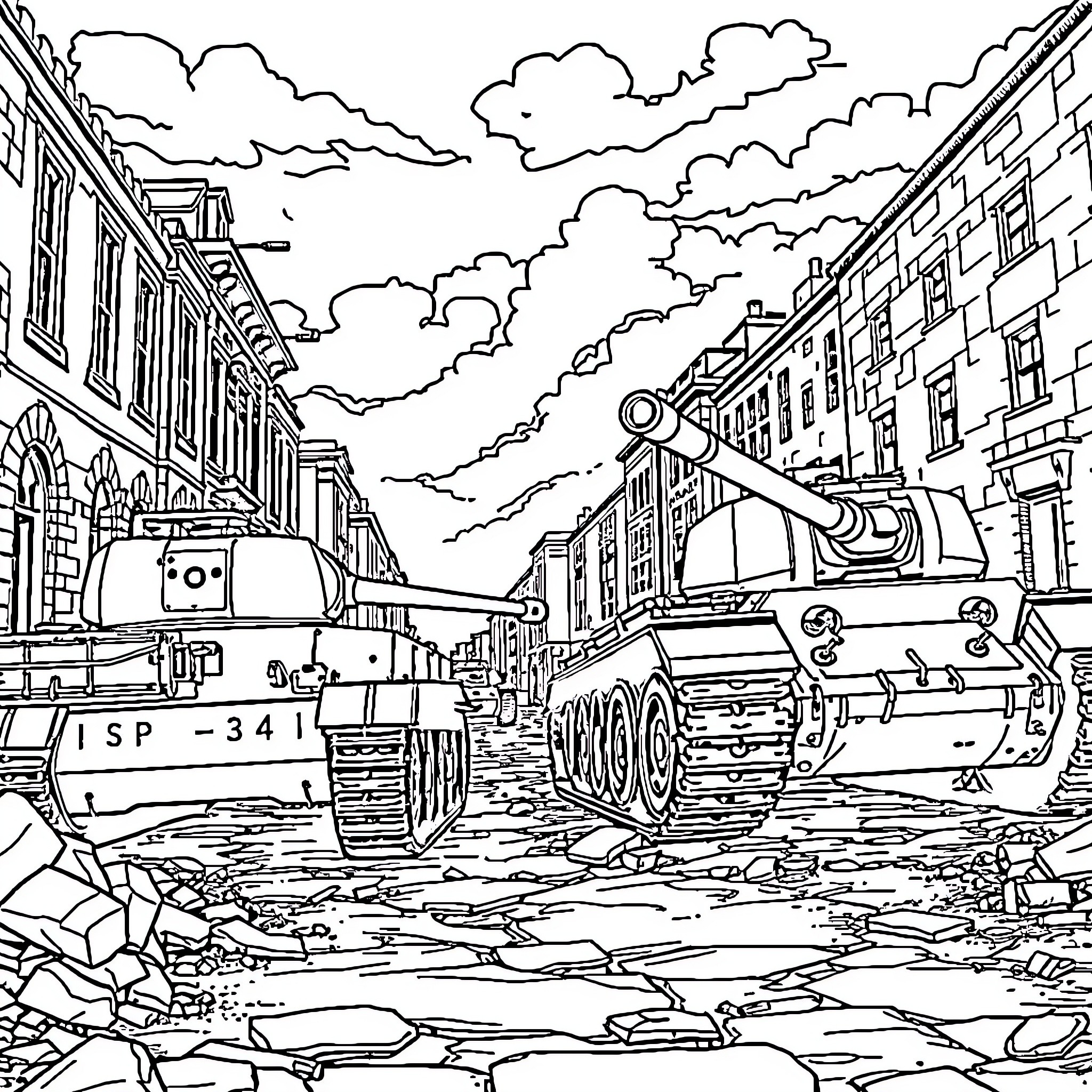 Tank battle in war-torn urban streets Coloring Page (free black-and-white line drawing printable PDF for all, from beginners to advanced learners, including children, teens, adults, and seniors)