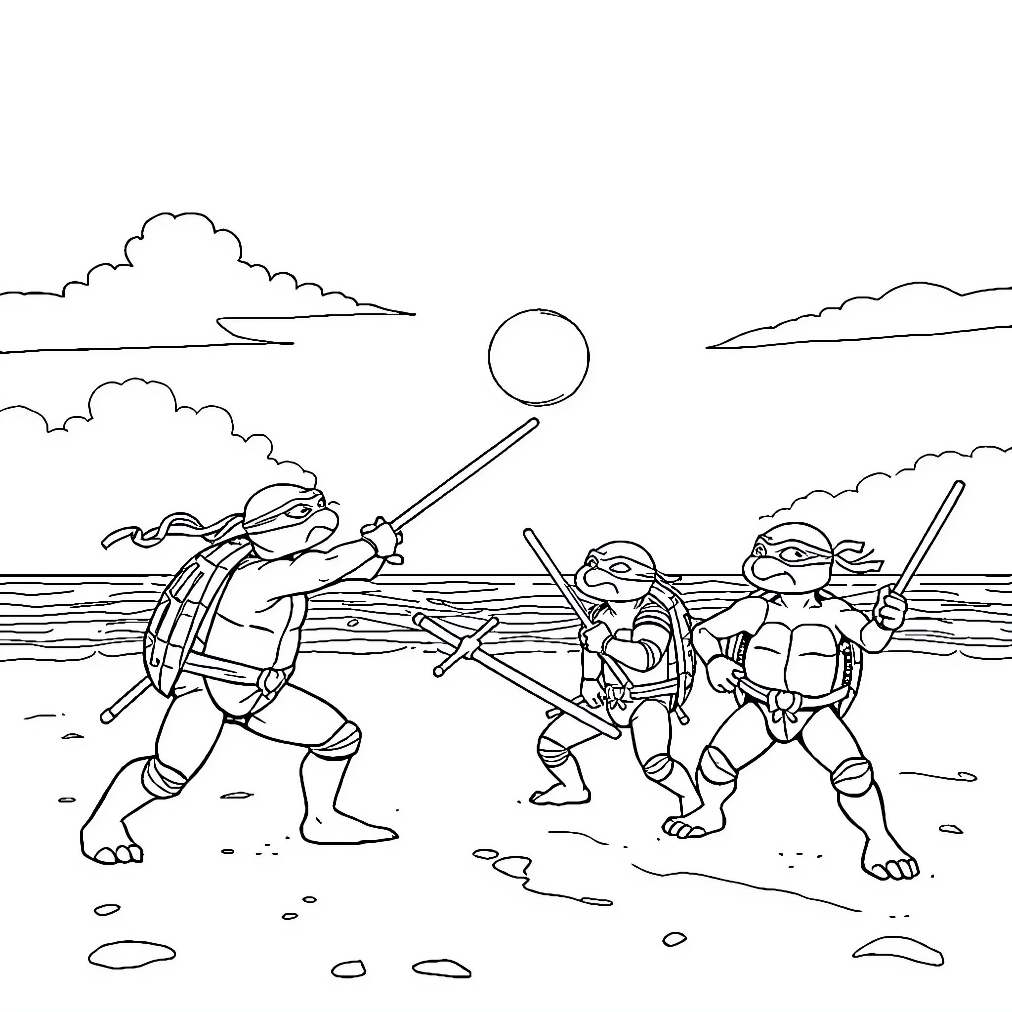Ninja Turtles engage in epic battle on the beach Coloring Page (free black-and-white line drawing printable PDF for all, from beginners to advanced learners, including children, teens, adults, and seniors)
