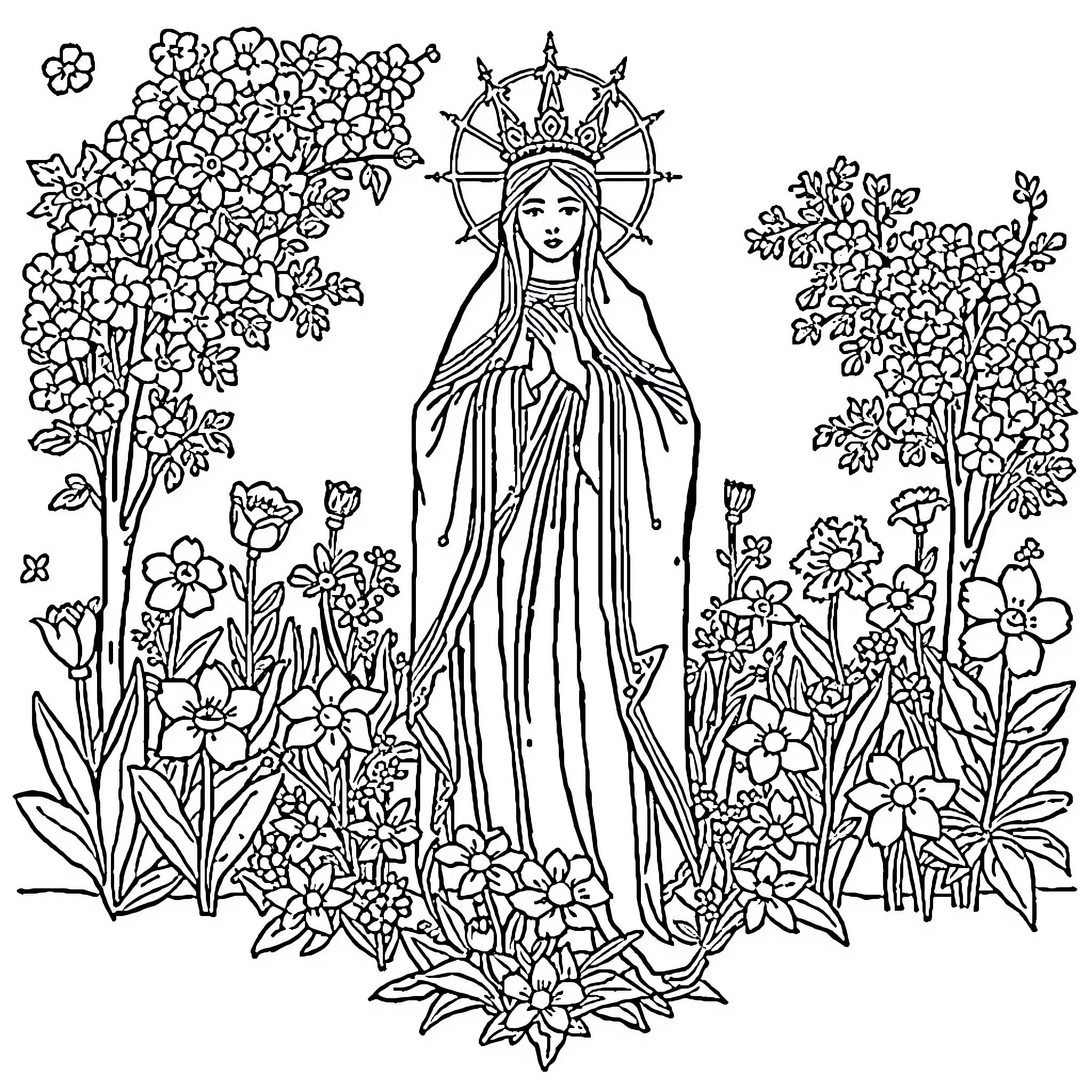 Virgen del Huerto amidst a lush garden of flowers Coloring Page (free black-and-white line drawing printable PDF for all, from beginners to advanced learners, including children, teens, adults, and seniors)