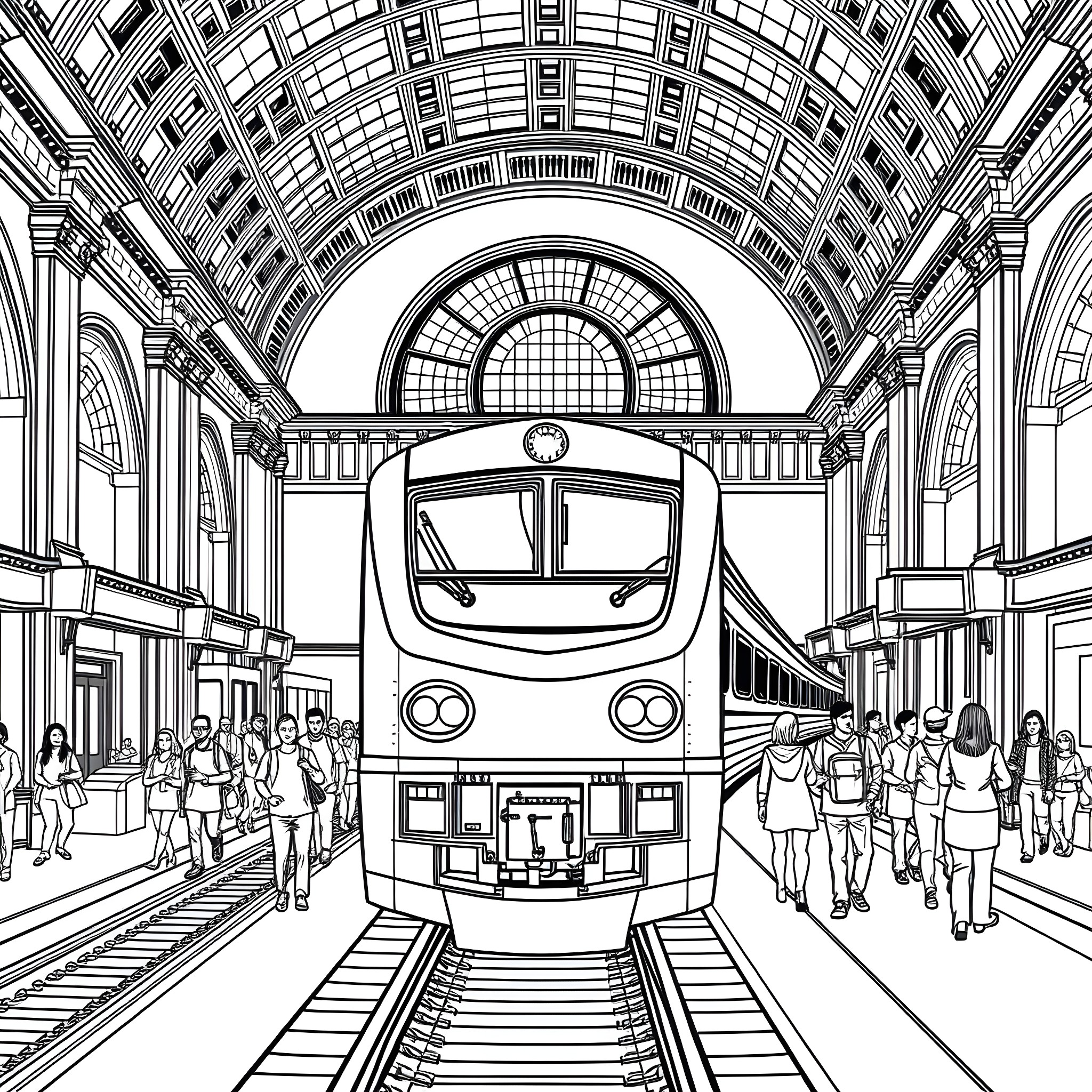 Train passengers arriving at the grand station Coloring Page (free black-and-white line drawing printable PDF for all, from beginners to advanced learners, including children, teens, adults, and seniors)