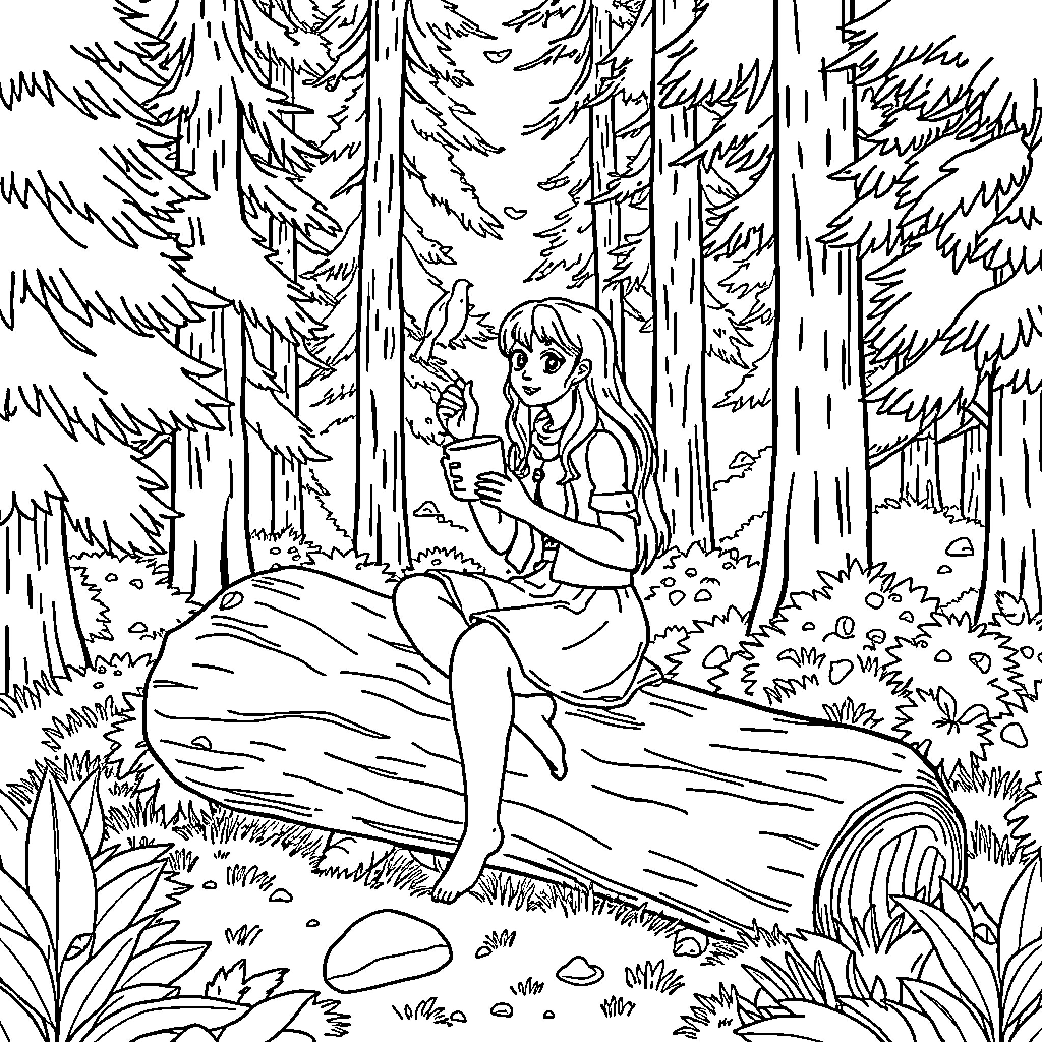 Gaea's Serene Embrace in the Forest Glade Coloring Page (free black-and-white line drawing printable PDF for all, from beginners to advanced learners, including children, teens, adults, and seniors)