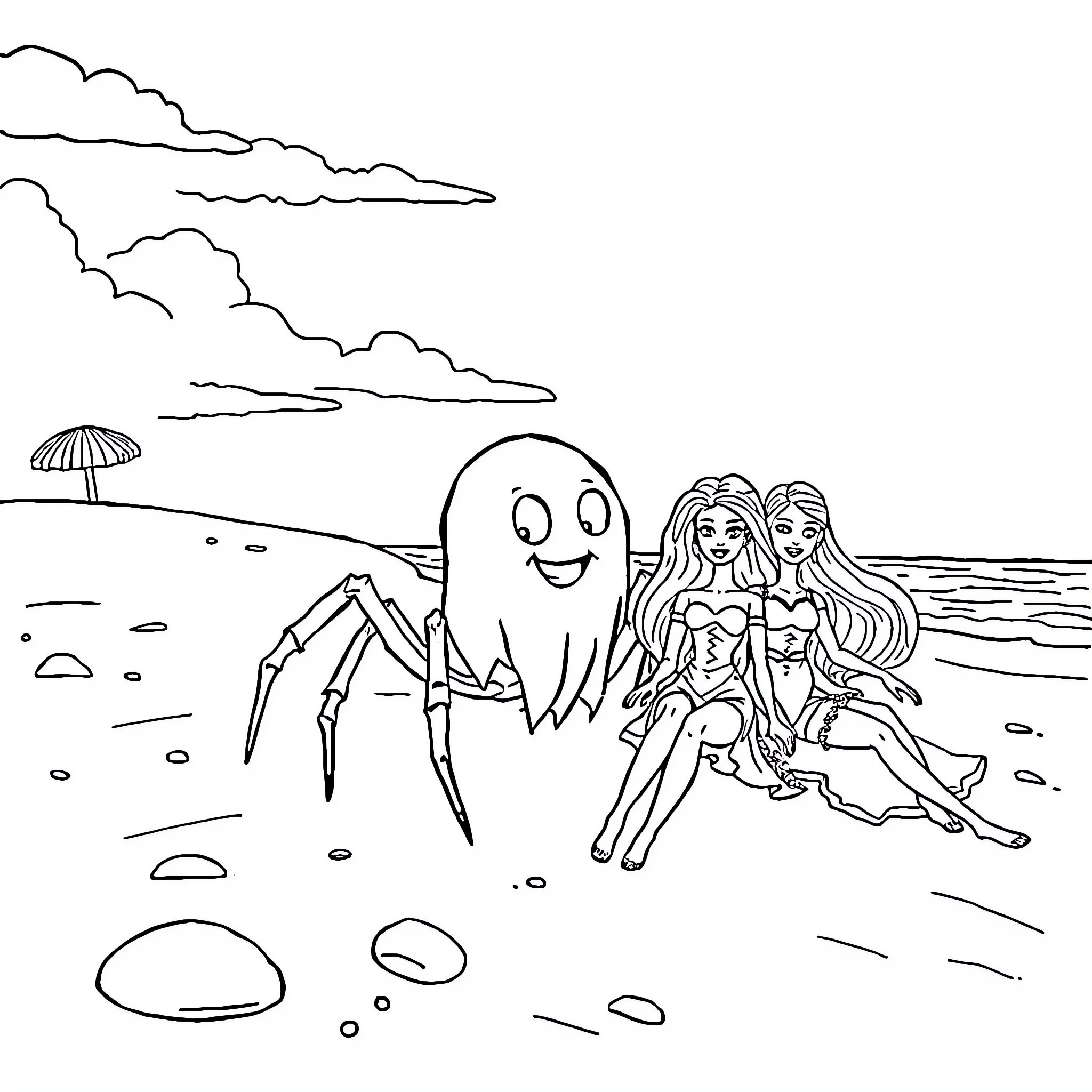 Spider playing happily with mermaids on the beach Coloring Page (free black-and-white line drawing printable PDF for all, from beginners to advanced learners, including children, teens, adults, and seniors)