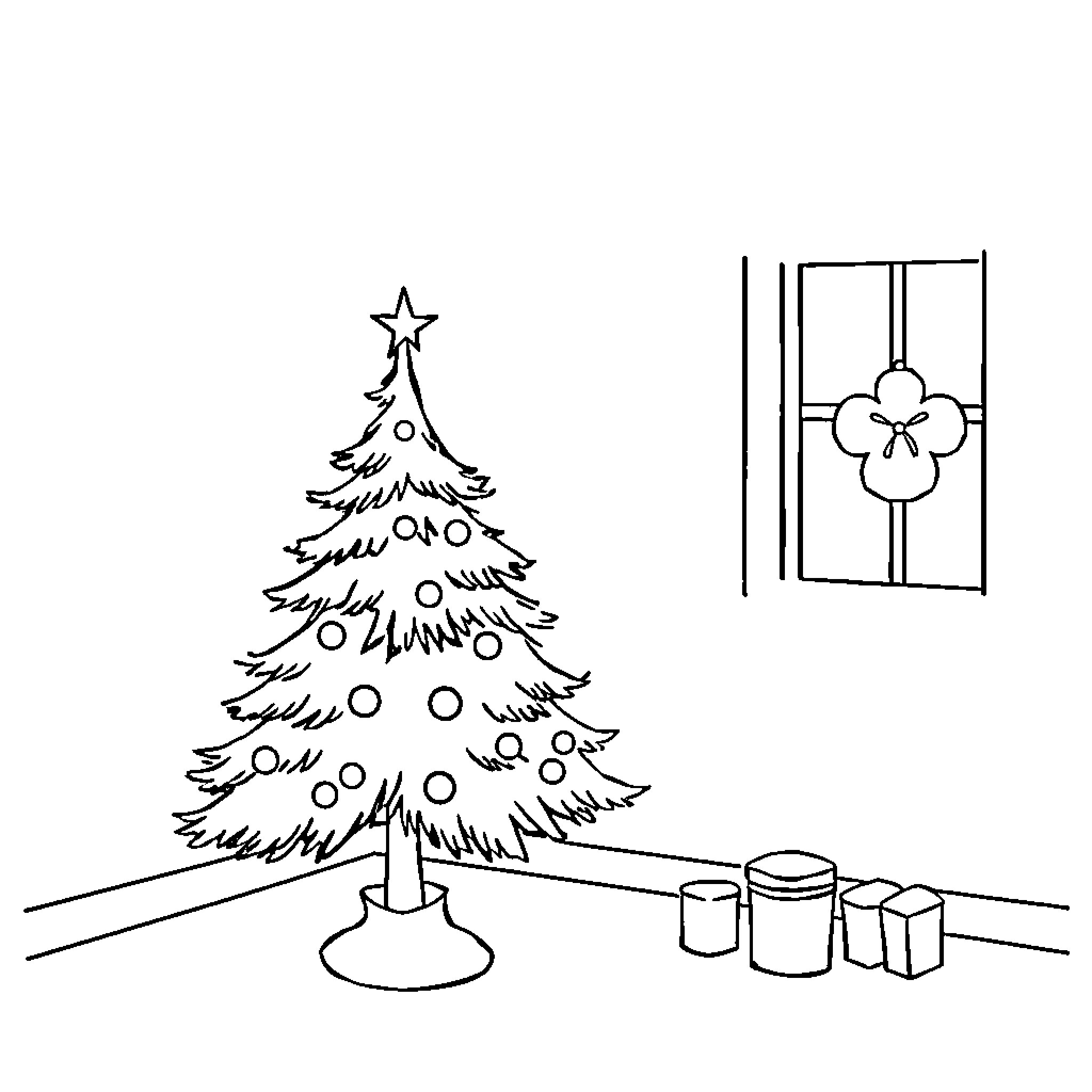 Christmas scene with decorated tree and gifts Coloring Page (free black-and-white line drawing printable PDF for all, from beginners to advanced learners, including children, teens, adults, and seniors)
