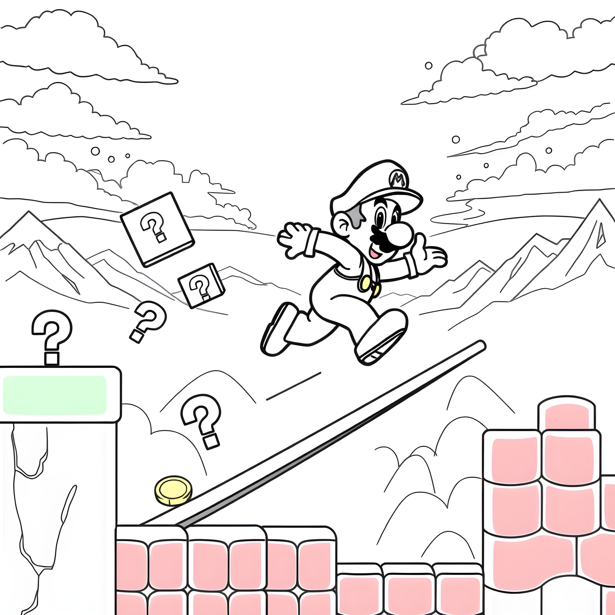 Mario Jumping Across Obstacles in the Mountains Coloring Page (free black-and-white line drawing printable PDF for all, from beginners to advanced learners, including children, teens, adults, and seniors)