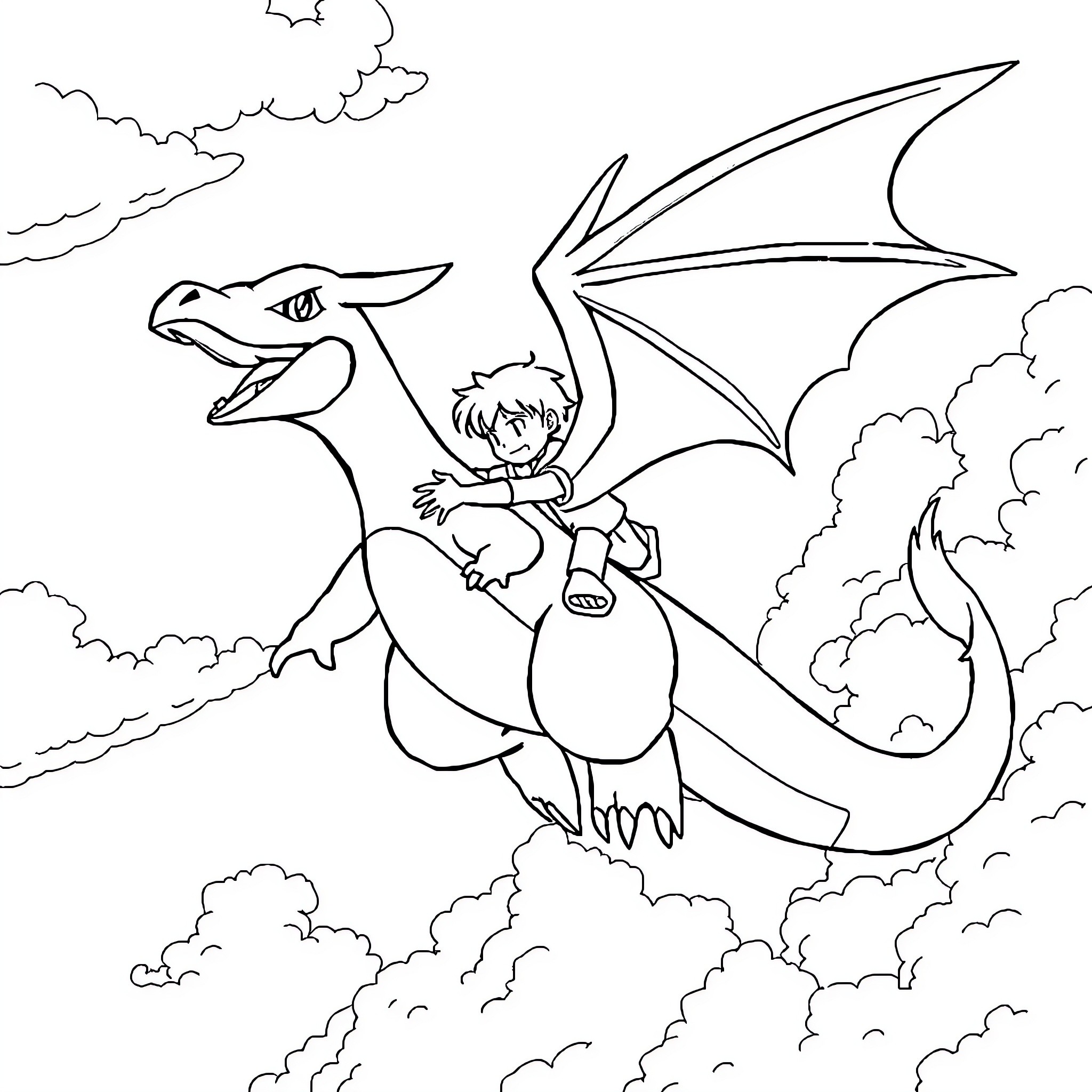 Charizard flying with a young boy over clouds Coloring Page (free black-and-white line drawing printable PDF for all, from beginners to advanced learners, including children, teens, adults, and seniors)