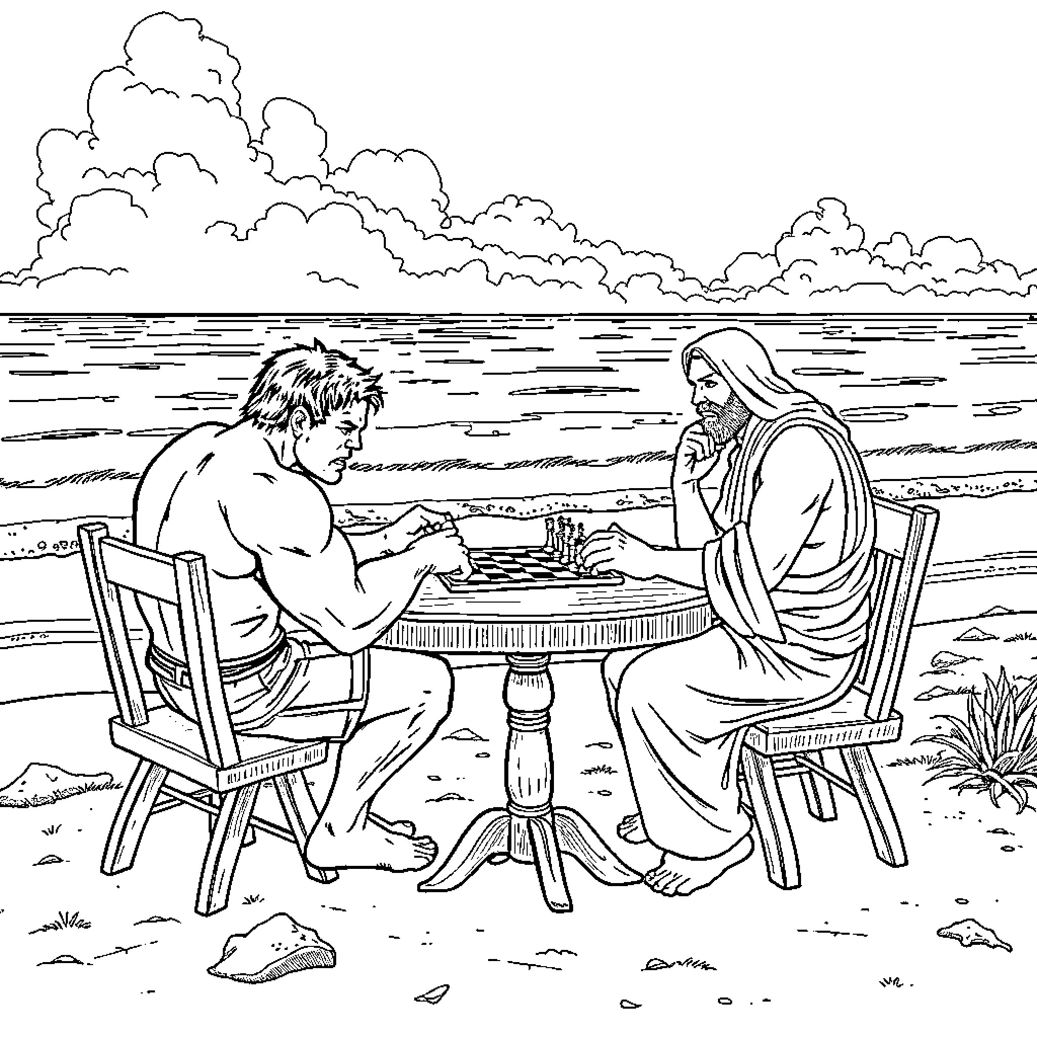 Hulk playing chess with thoughtful companion by the shore Coloring Page (free black-and-white line drawing printable PDF for all, from beginners to advanced learners, including children, teens, adults, and seniors)
