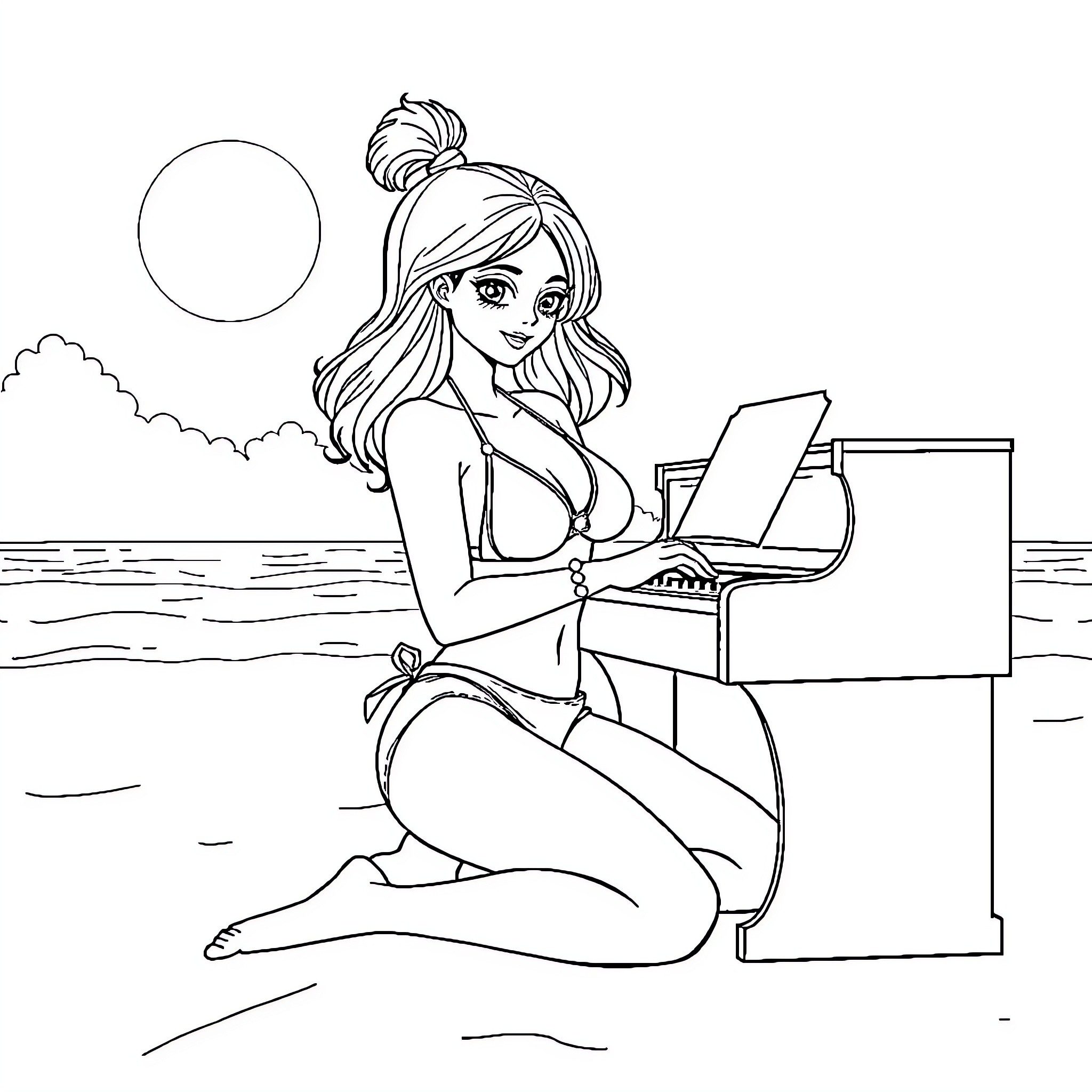 Girl enjoying the sunset with laptop by the beach Coloring Page (free black-and-white line drawing printable PDF for all, from beginners to advanced learners, including children, teens, adults, and seniors)