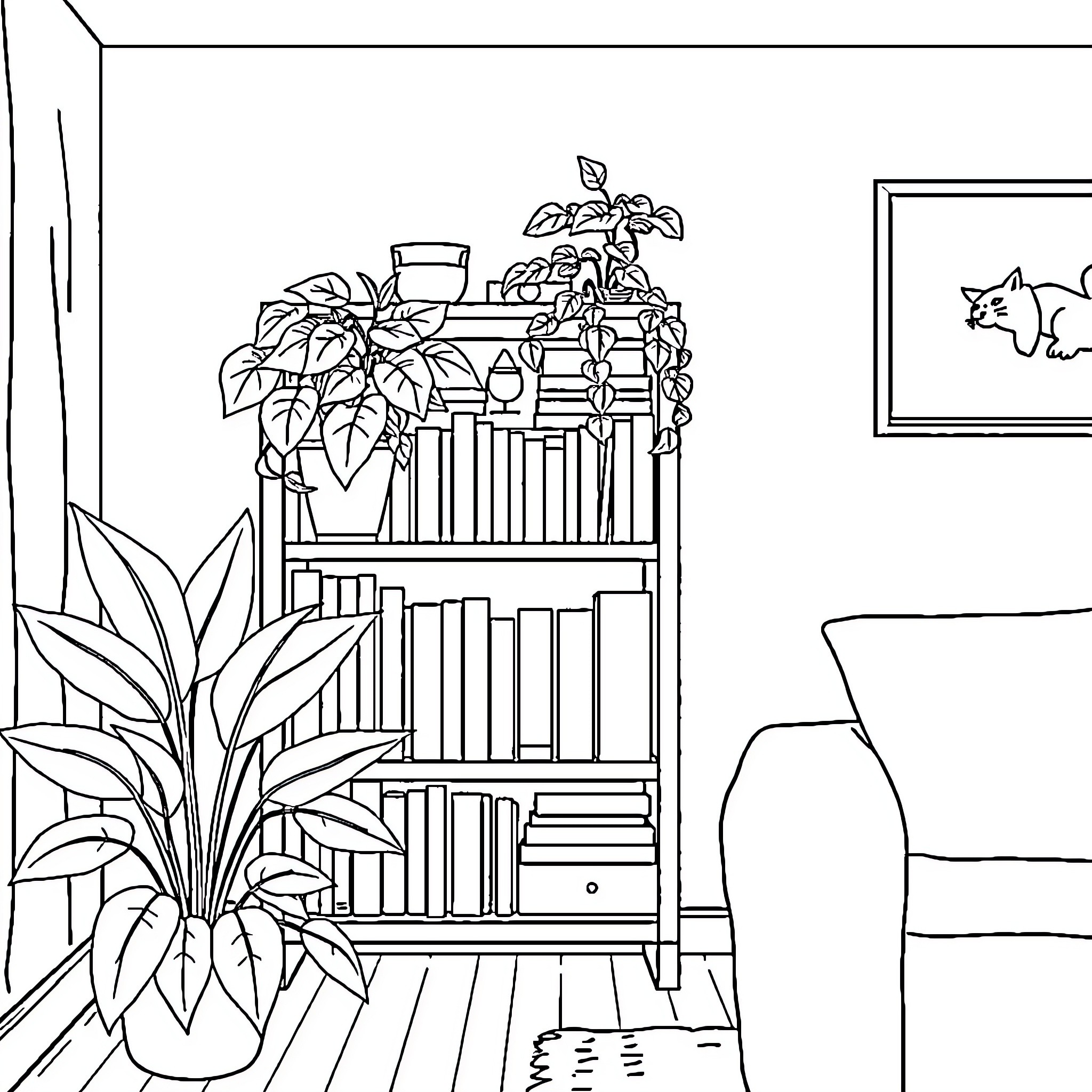 Apartment with Cozy Plant-Filled Bookshelf Coloring Page (free black-and-white line drawing printable PDF for all, from beginners to advanced learners, including children, teens, adults, and seniors)