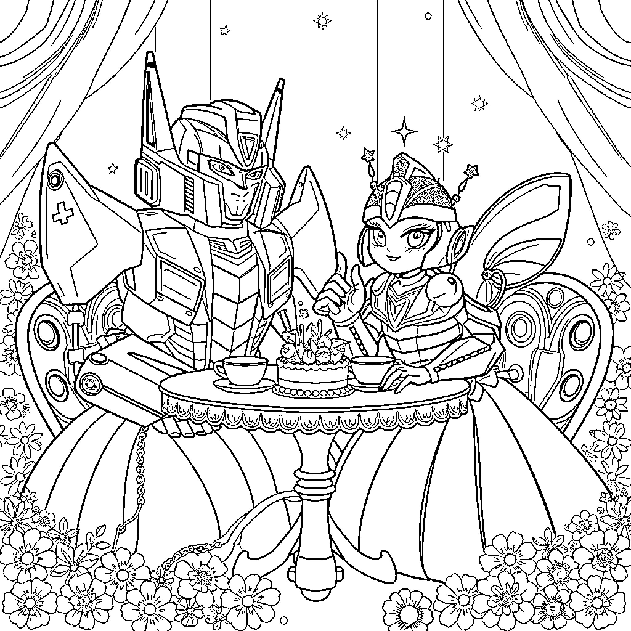 Transformer robot enjoying a whimsical tea party with fairy friend Coloring Page (free black-and-white line drawing printable PDF for all, from beginners to advanced learners, including children, teens, adults, and seniors)