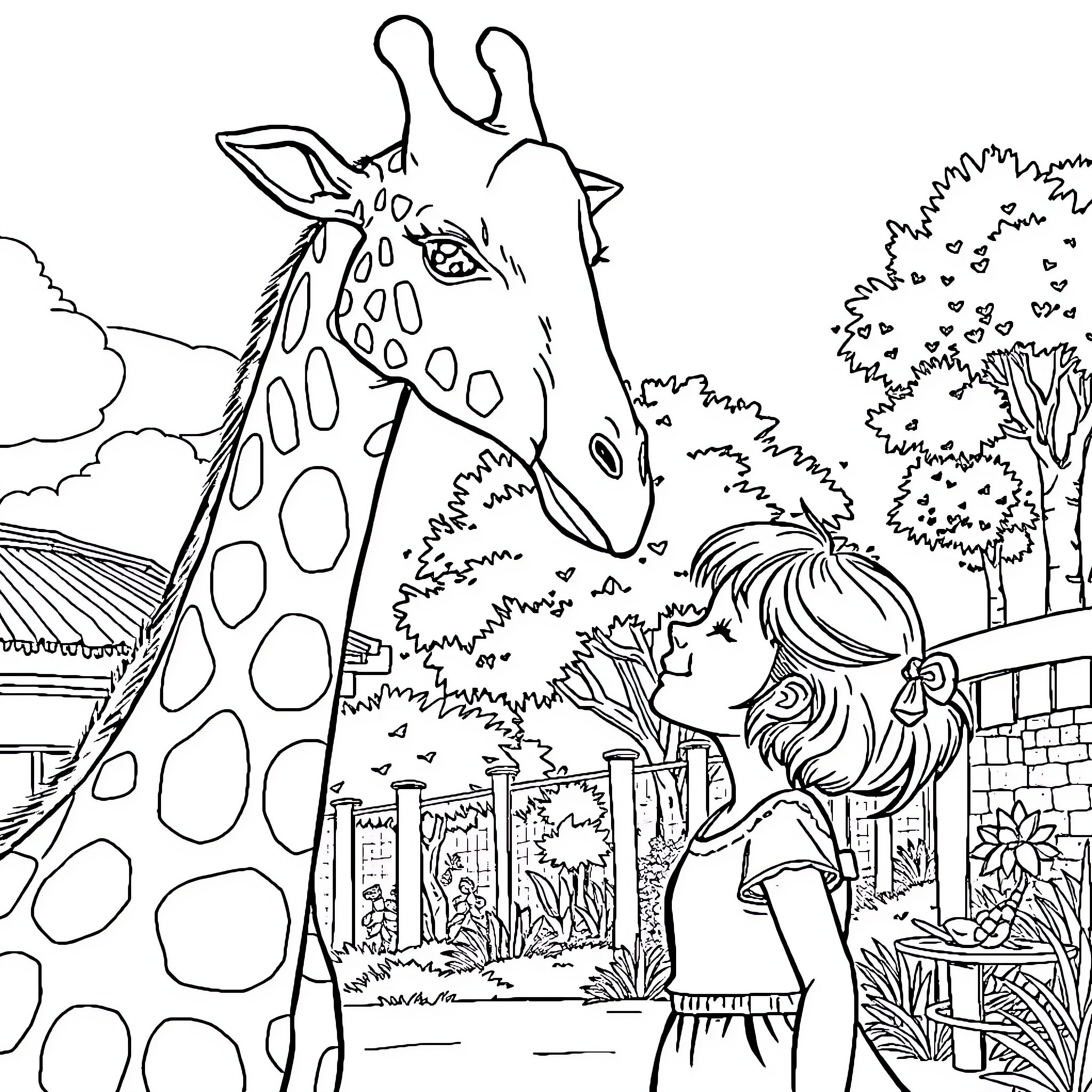 Giraffe and girl exploring the zoo Coloring Page (free black-and-white line drawing printable PDF for all, from beginners to advanced learners, including children, teens, adults, and seniors)