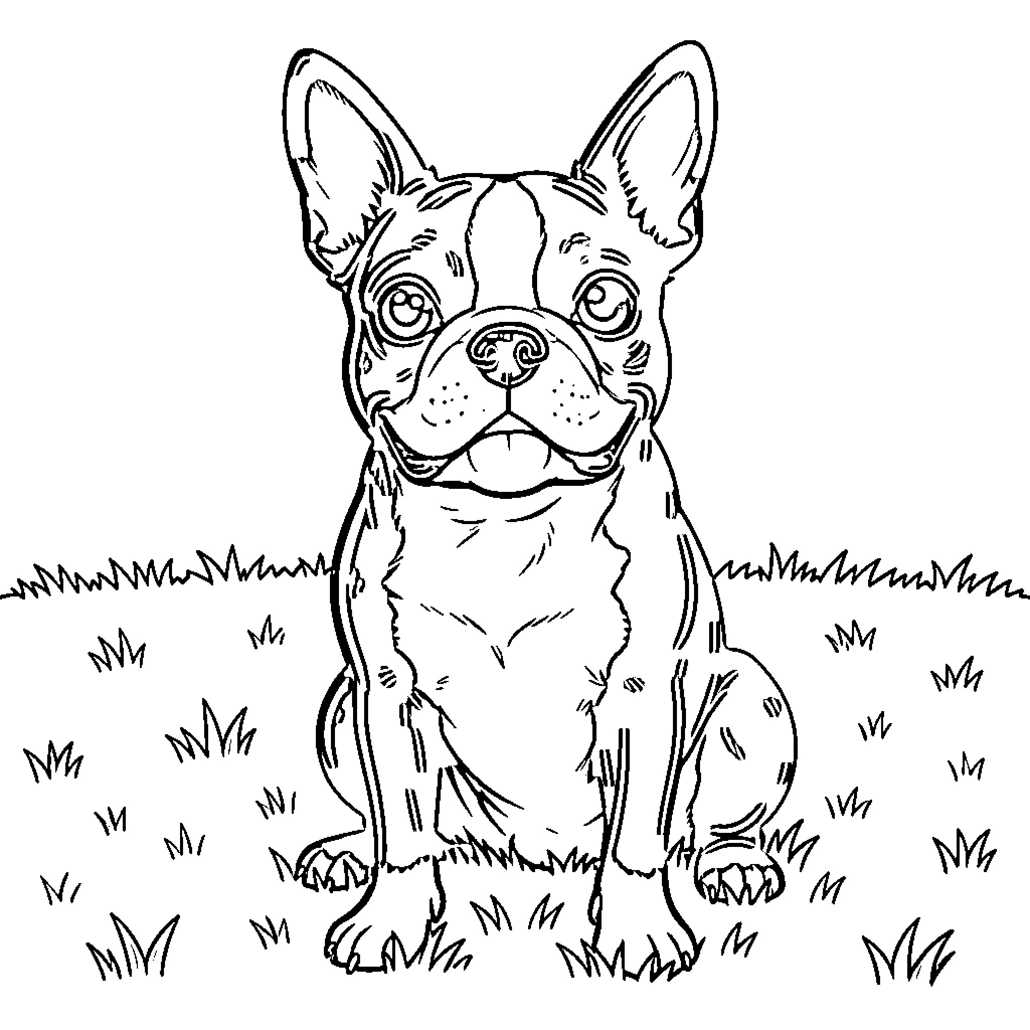 Boston Terrier exploring the grassy field Coloring Page (free black-and-white line drawing printable PDF for all, from beginners to advanced learners, including children, teens, adults, and seniors)