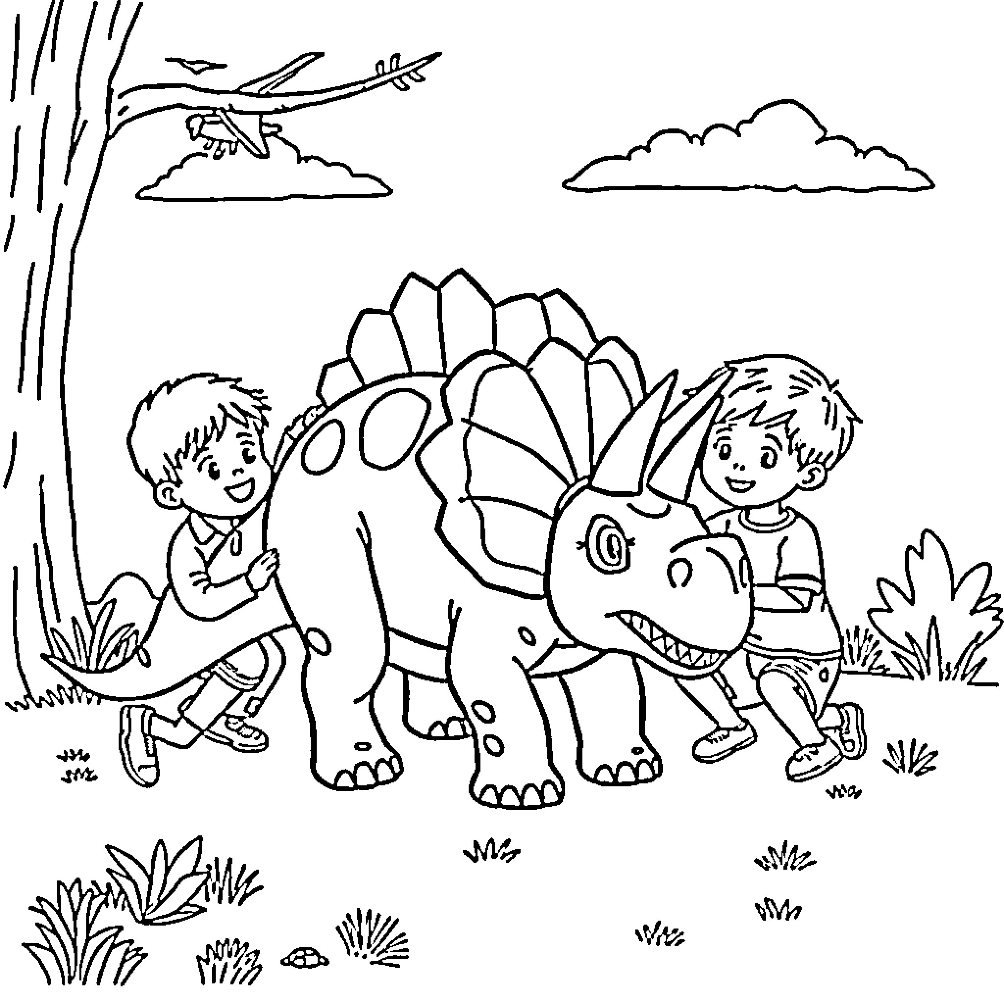 Triceratops and children playing outdoors Coloring Page (free black-and-white line drawing printable PDF for all, from beginners to advanced learners, including children, teens, adults, and seniors)