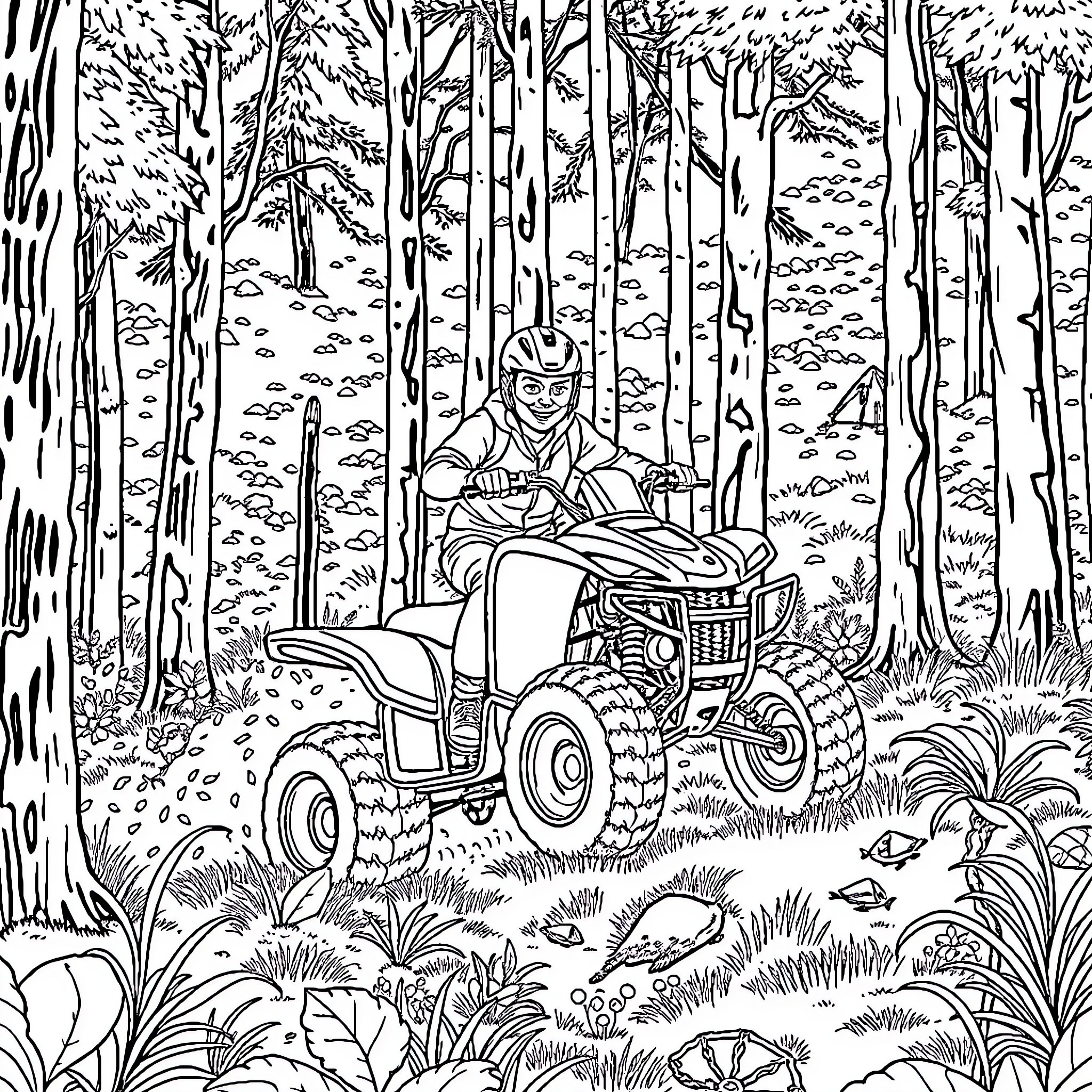 Quad racing through the dense forest Coloring Page (free black-and-white line drawing printable PDF for all, from beginners to advanced learners, including children, teens, adults, and seniors)