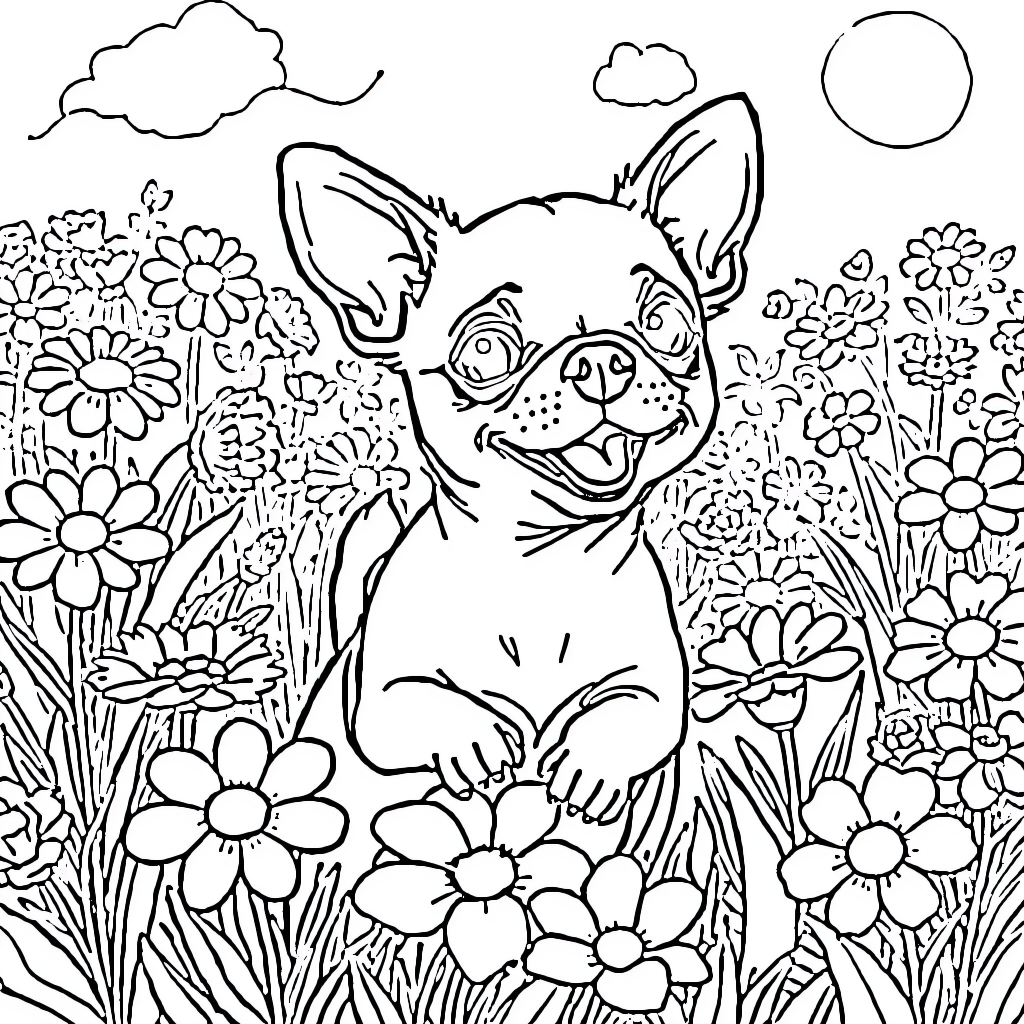 Dog enjoying the flowers in the garden Coloring Page (free black-and-white line drawing printable PDF for all, from beginners to advanced learners, including children, teens, adults, and seniors)