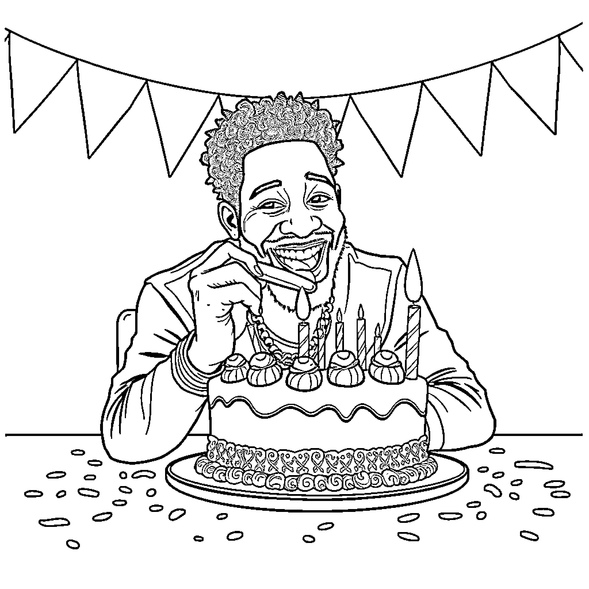 Childish Gambino Enjoying a Birthday Celebration Coloring Page (free black-and-white line drawing printable PDF for all, from beginners to advanced learners, including children, teens, adults, and seniors)
