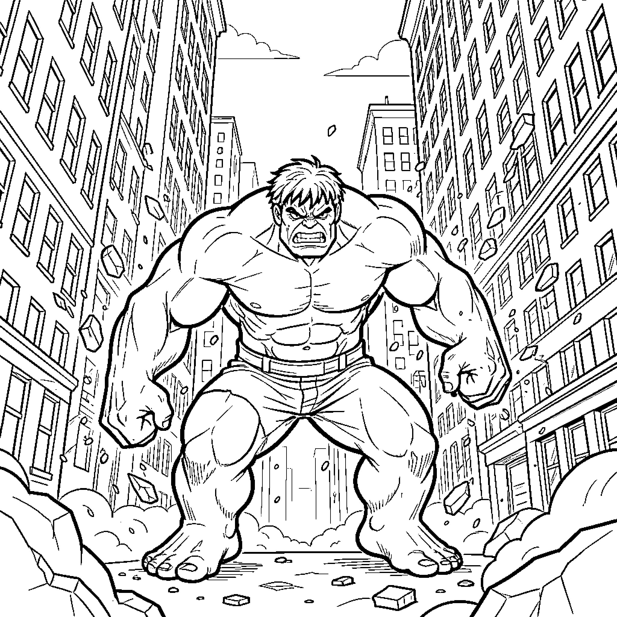 Hulk roaring angrily amidst city destruction Coloring Page (free black-and-white line drawing printable PDF for all, from beginners to advanced learners, including children, teens, adults, and seniors)