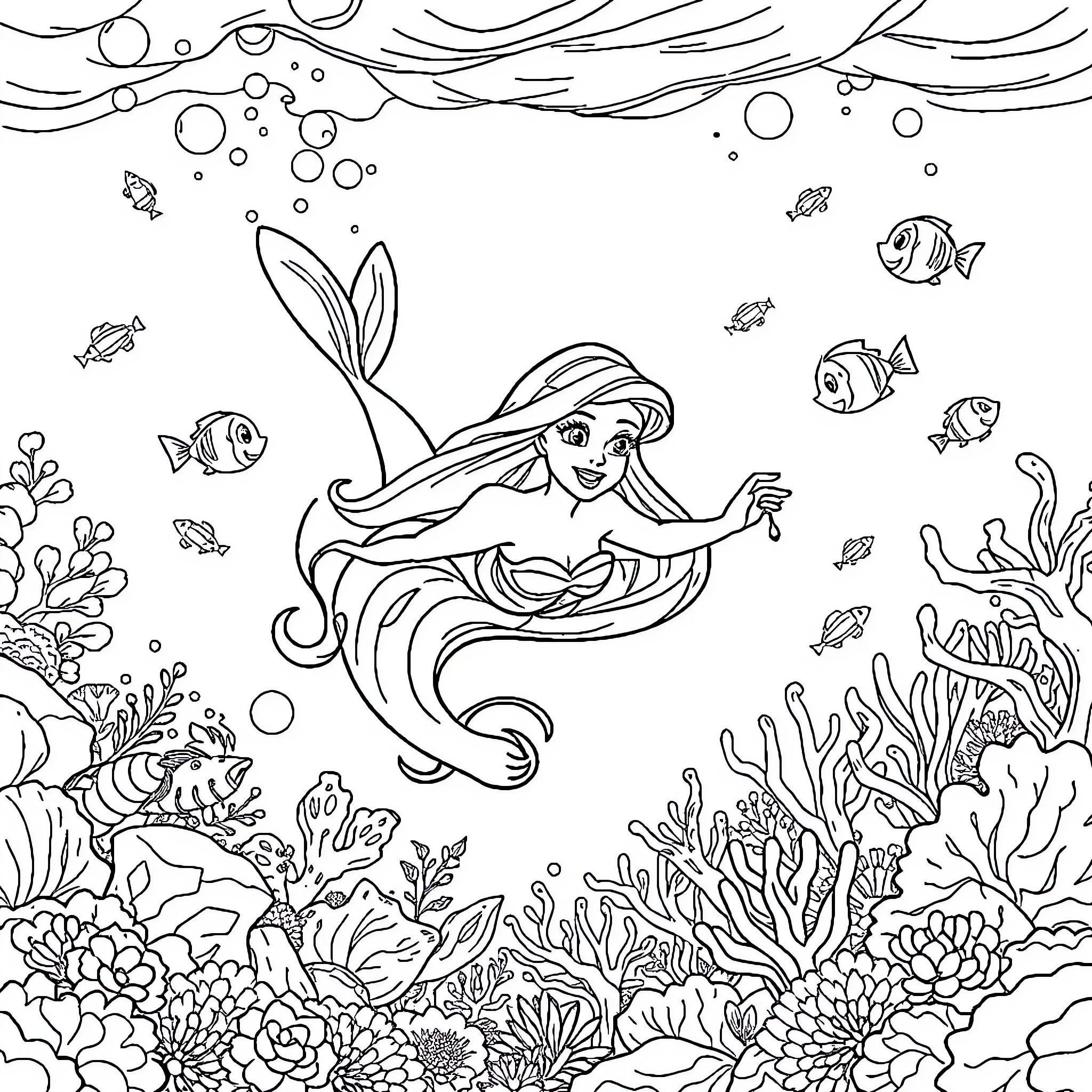 Princess Mermaid Exploring Underwater Coral Reef Coloring Page (free black-and-white line drawing printable PDF for all, from beginners to advanced learners, including children, teens, adults, and seniors)