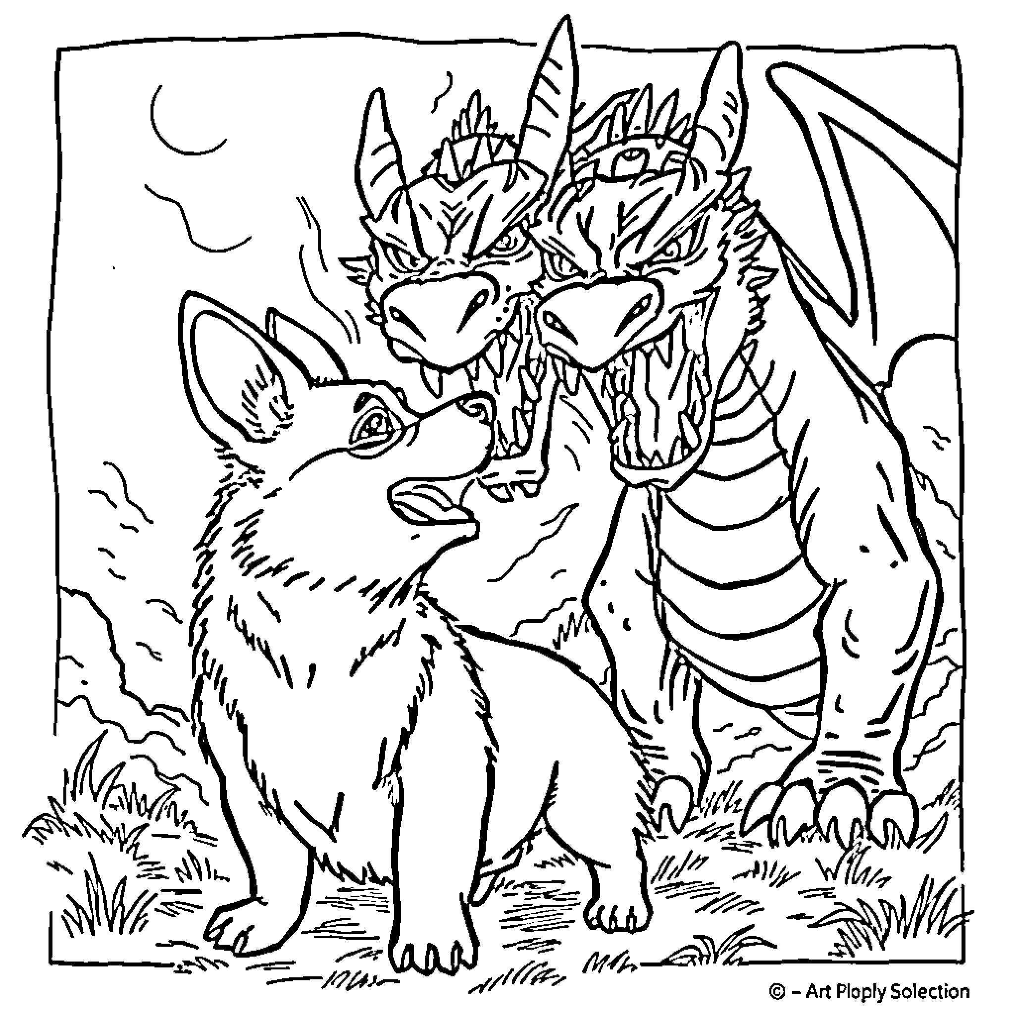 Corgi confronting a fearsome dragon Coloring Page (free black-and-white line drawing printable PDF for all, from beginners to advanced learners, including children, teens, adults, and seniors)
