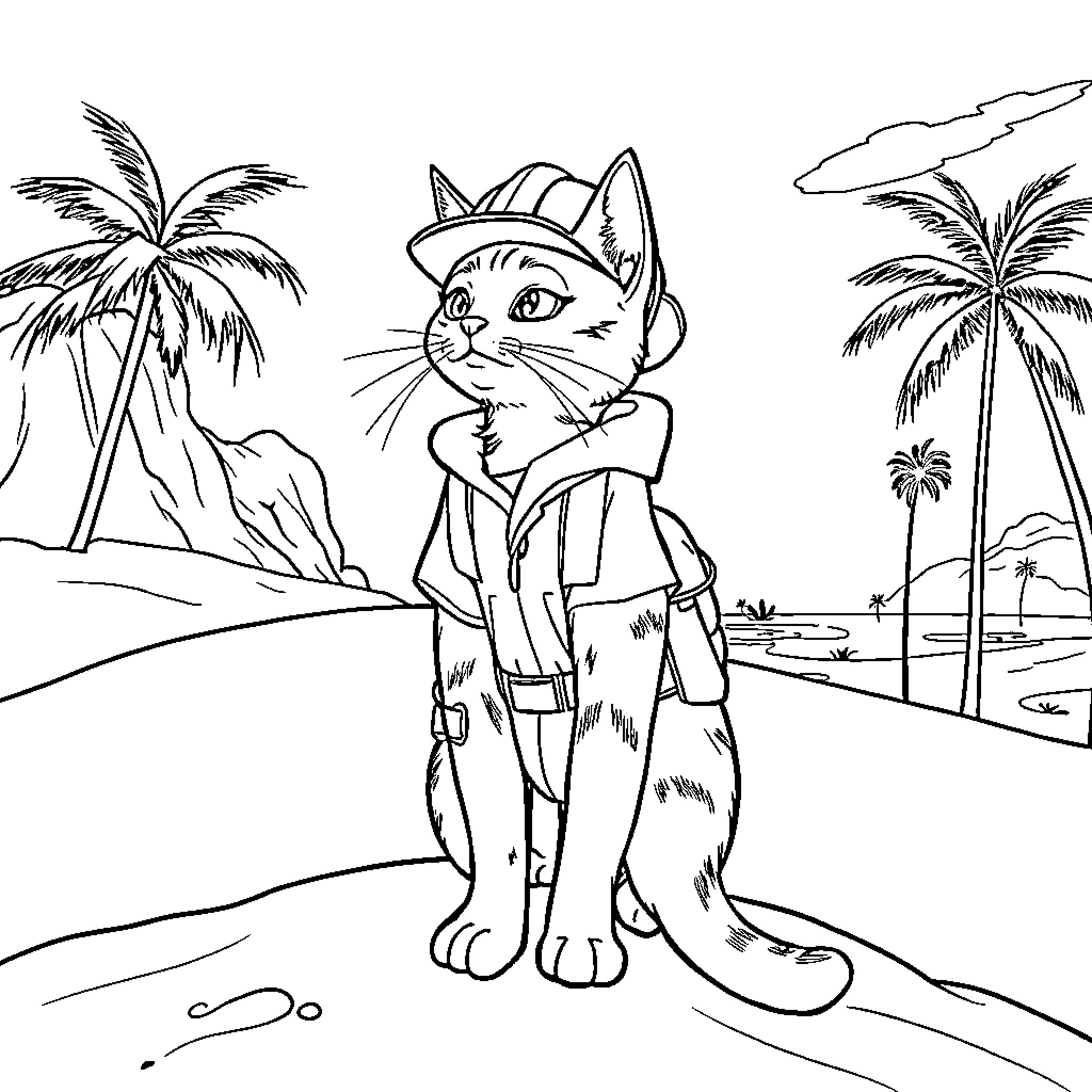 Cat in tropical adventure outfit Coloring Page (free black-and-white line drawing printable PDF for all, from beginners to advanced learners, including children, teens, adults, and seniors)