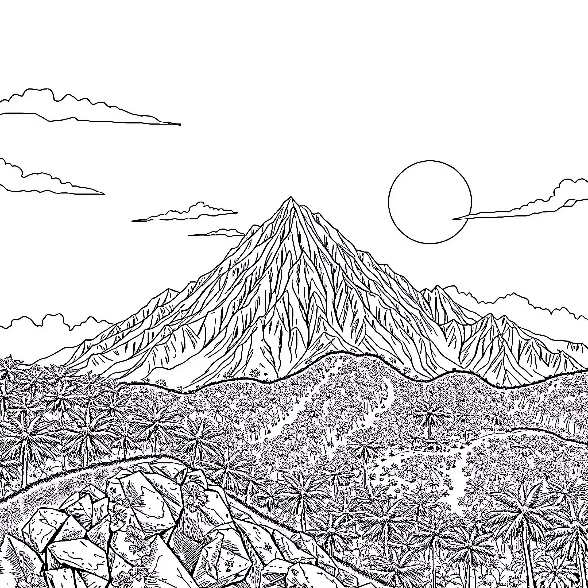 Mountain landscape with a rising sun Coloring Page (free black-and-white line drawing printable PDF for all, from beginners to advanced learners, including children, teens, adults, and seniors)