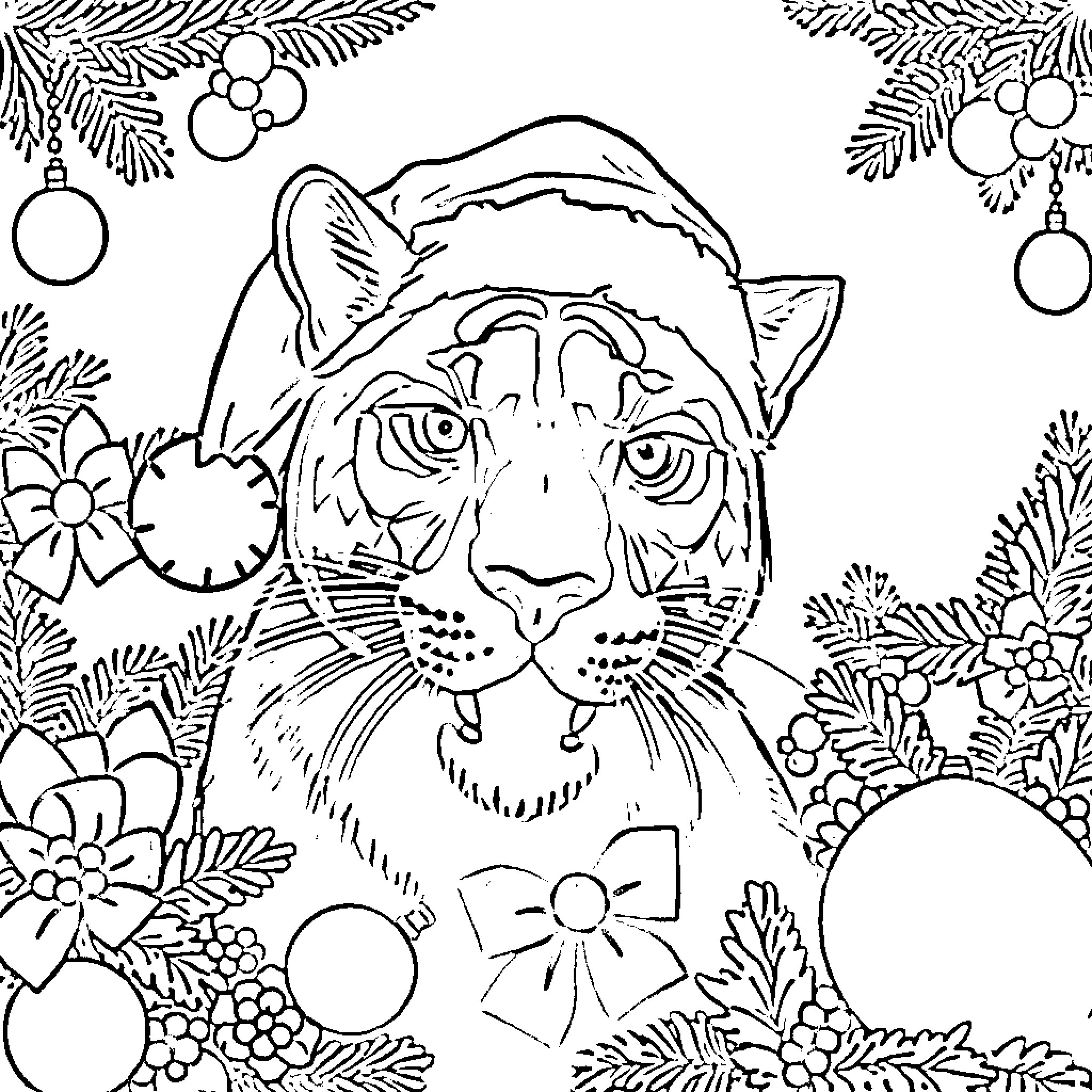Panther adorned with holiday decorations Coloring Page (free black-and-white line drawing printable PDF for all, from beginners to advanced learners, including children, teens, adults, and seniors)