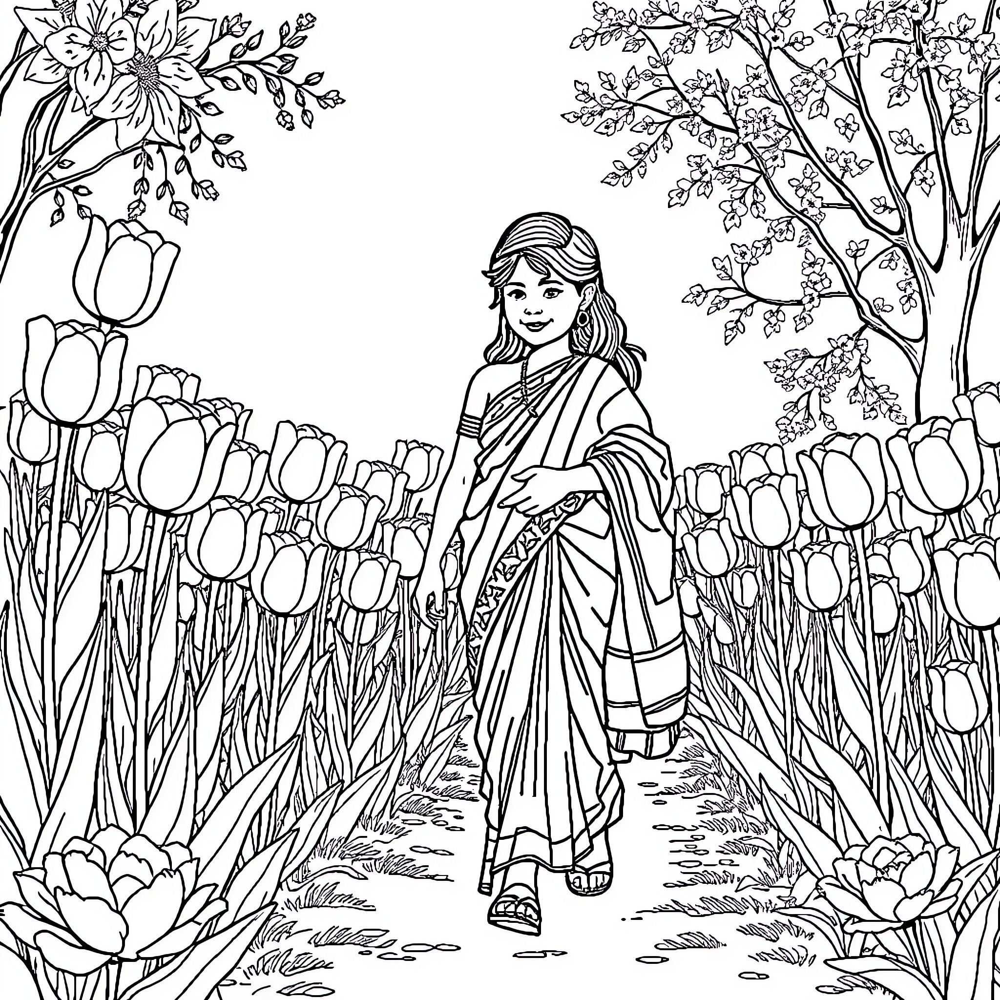 Girl Strolling Through Floral Garden Coloring Page (free black-and-white line drawing printable PDF for all, from beginners to advanced learners, including children, teens, adults, and seniors)