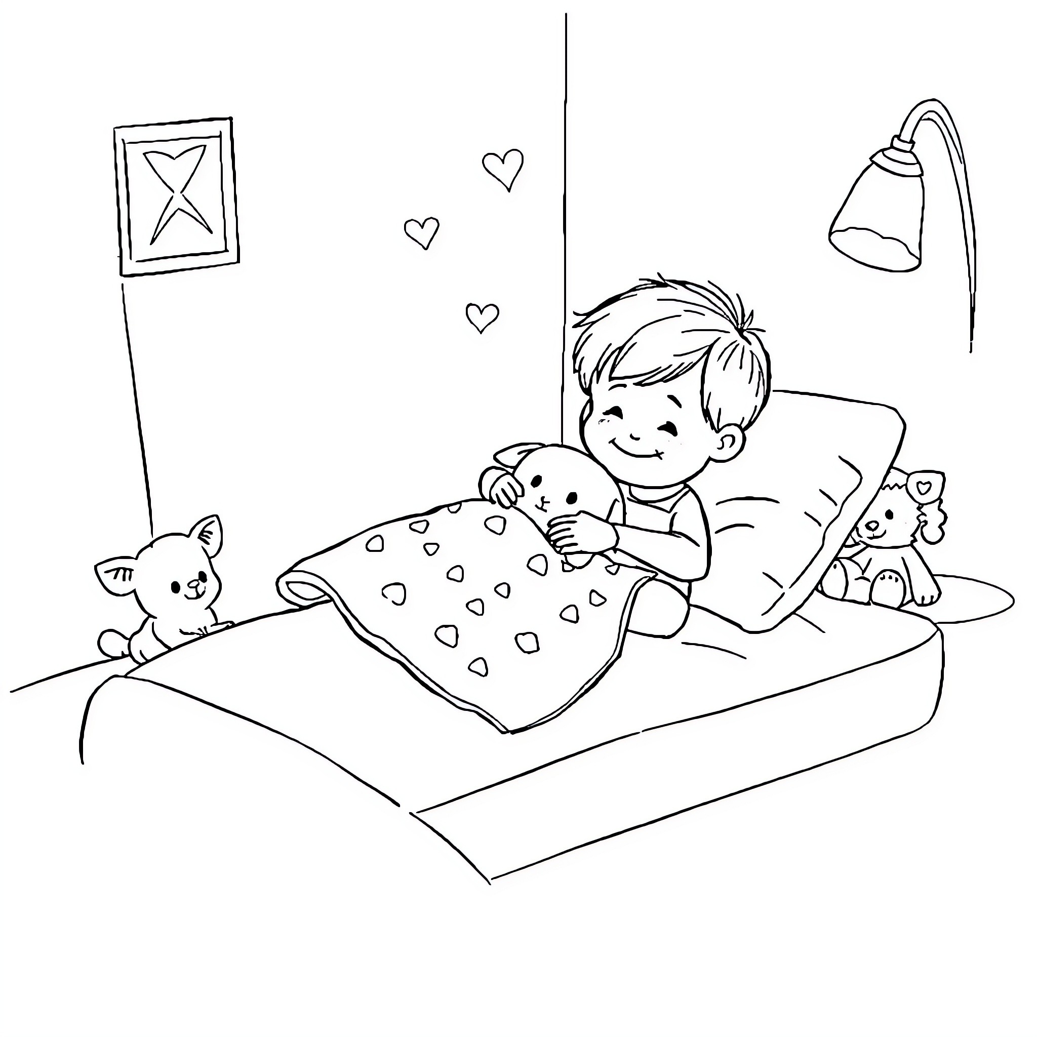 Child playing happily with toys on bed Coloring Page (free black-and-white line drawing printable PDF for all, from beginners to advanced learners, including children, teens, adults, and seniors)