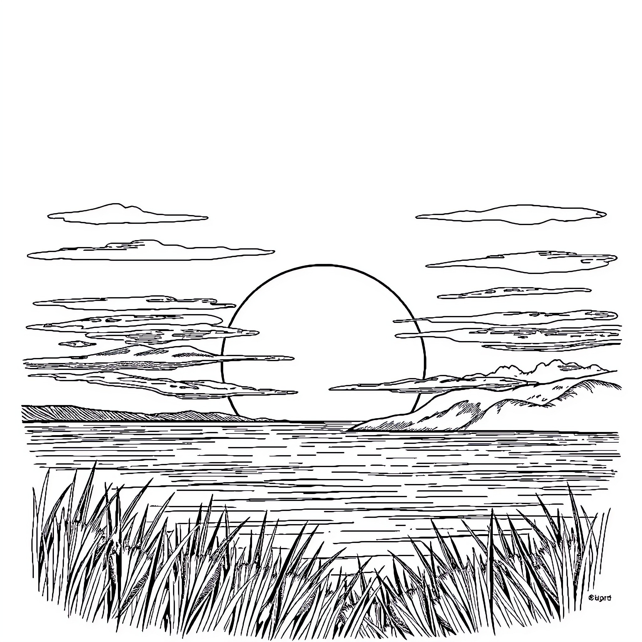 Moon over serene landscape Coloring Page (free black-and-white line drawing printable PDF for all, from beginners to advanced learners, including children, teens, adults, and seniors)
