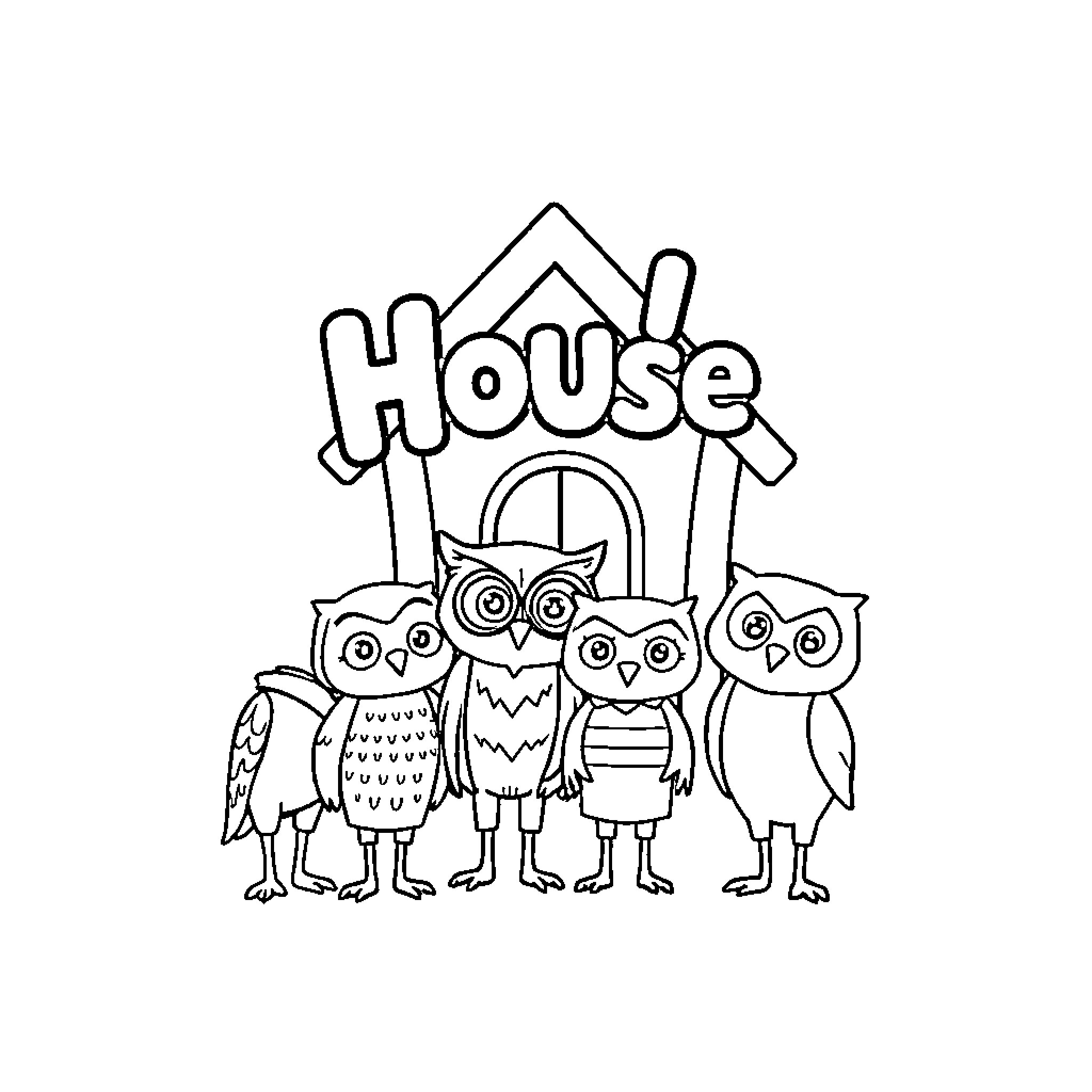 Owl friends standing in front of a house Coloring Page (free black-and-white line drawing printable PDF for all, from beginners to advanced learners, including children, teens, adults, and seniors)