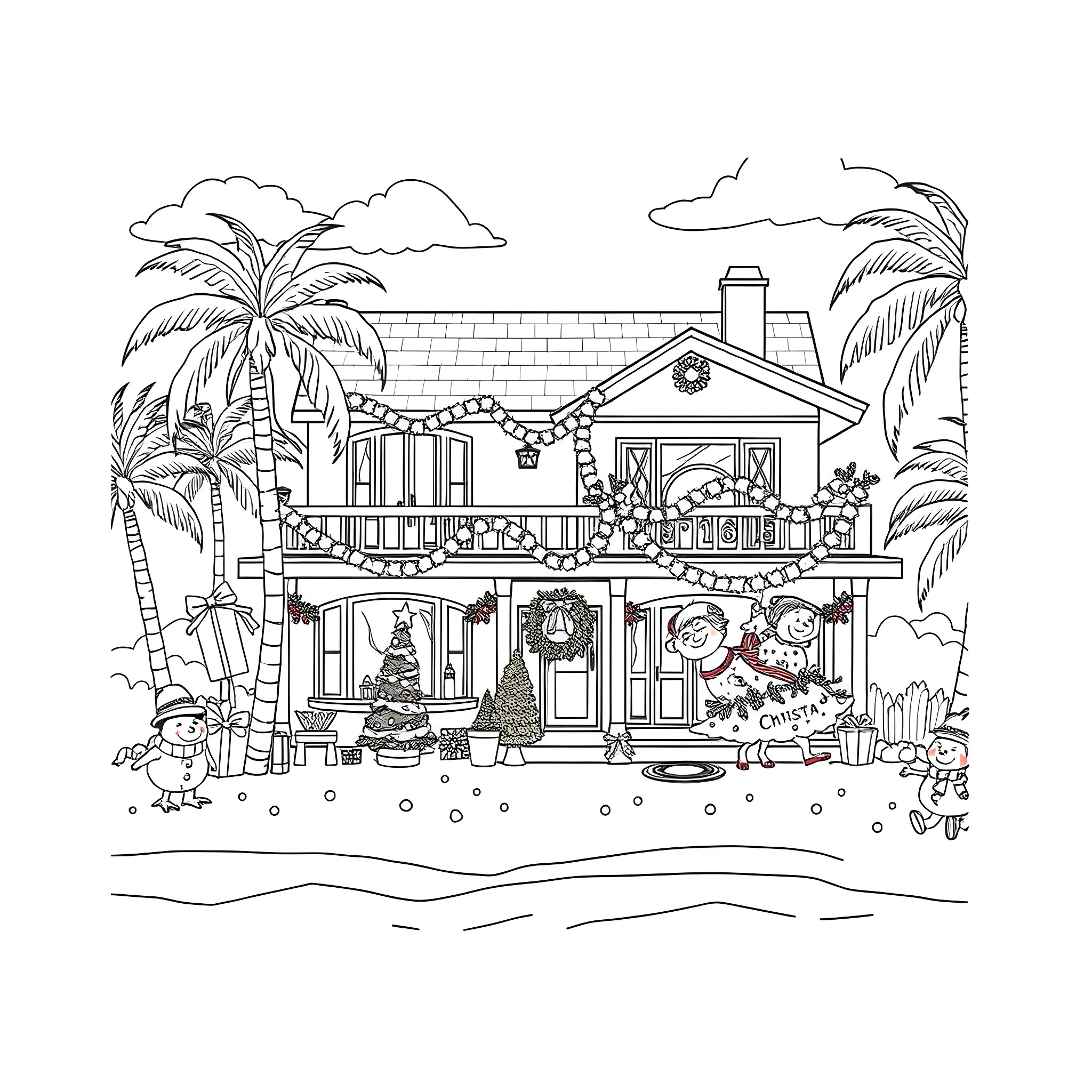 Gabby Dollhouse with holiday decorations and activities Coloring Page (free black-and-white line drawing printable PDF for all, from beginners to advanced learners, including children, teens, adults, and seniors)