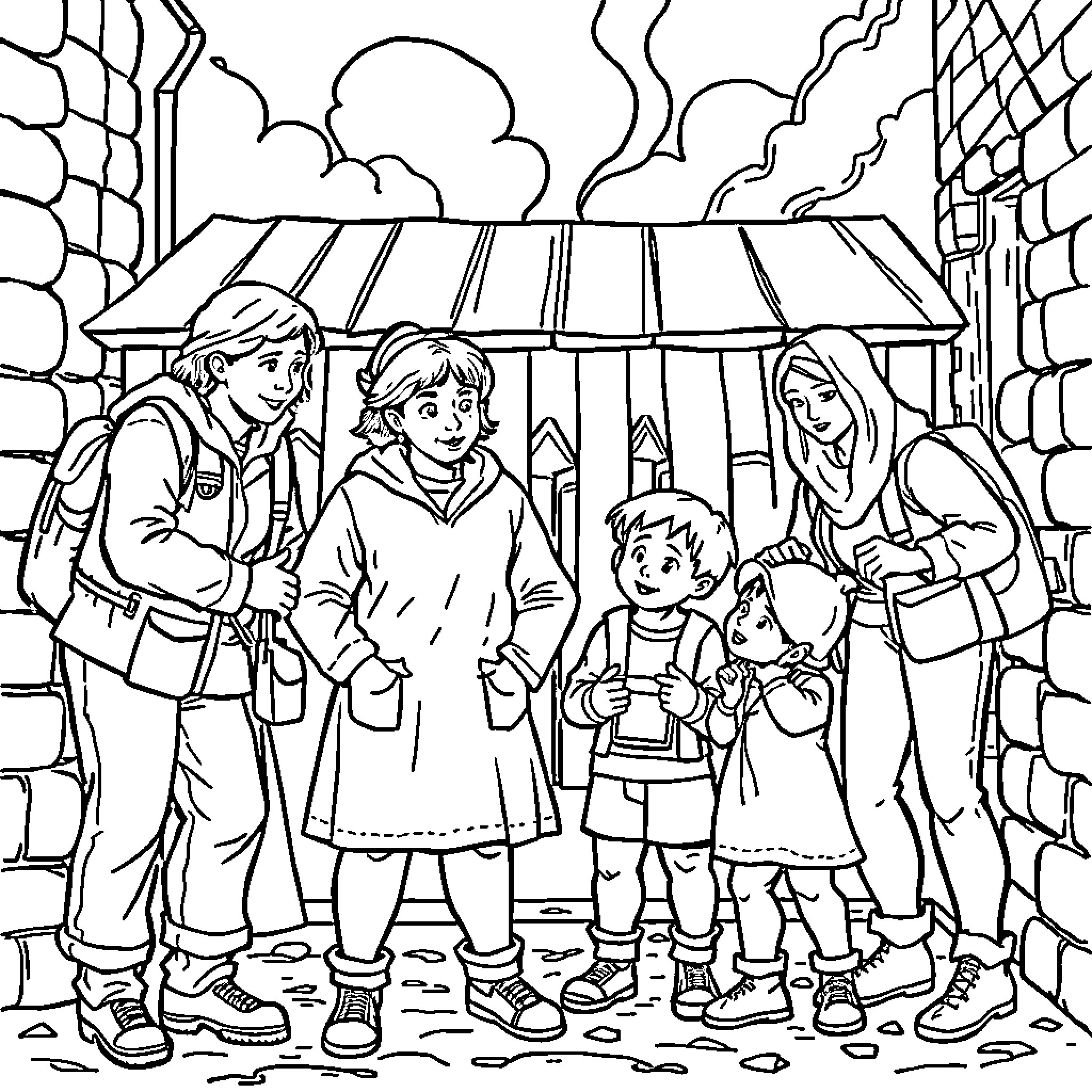 Child family visiting shelter in stormy weather Coloring Page (free black-and-white line drawing printable PDF for all, from beginners to advanced learners, including children, teens, adults, and seniors)