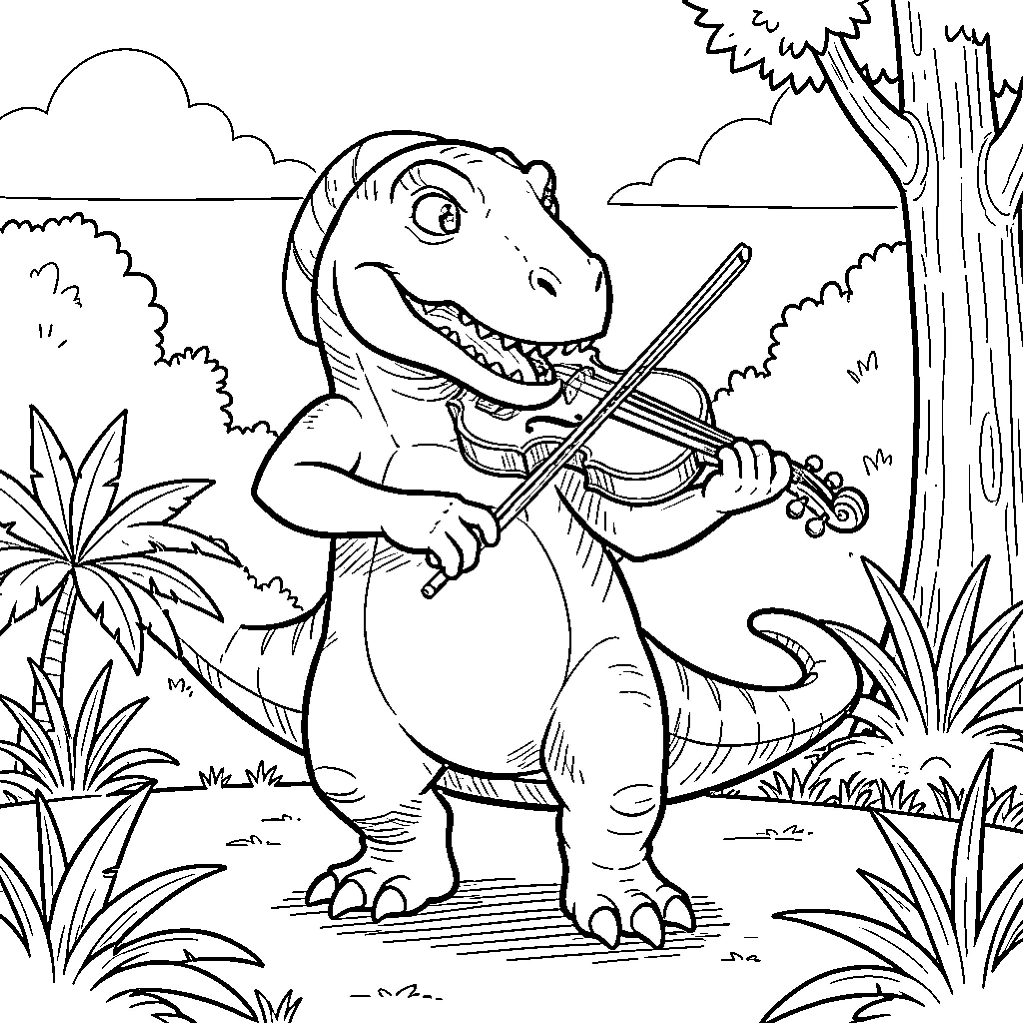 Dinosaurs playing a musical violin in nature Coloring Page (free black-and-white line drawing printable PDF for all, from beginners to advanced learners, including children, teens, adults, and seniors)